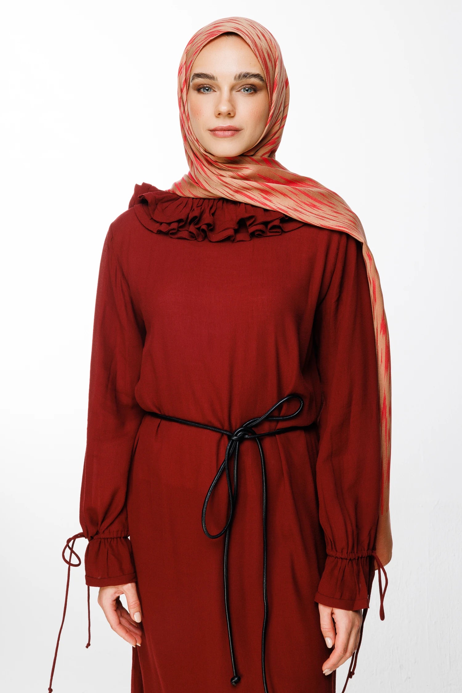 Selis Pattern Double-Sided Scarf - Mink-Red