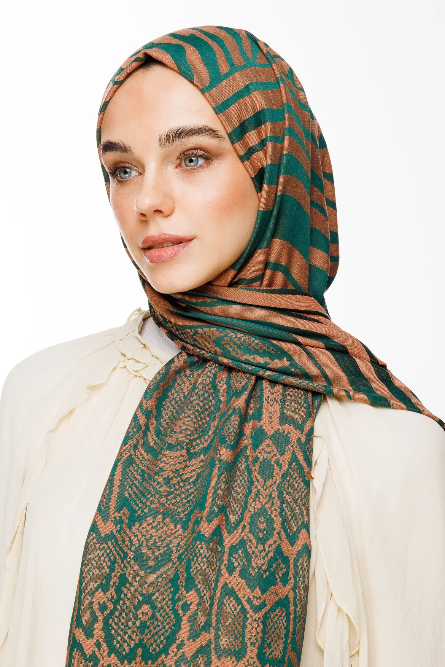 Riad Pattern Double-Sided Shawl - Emerald-Apricot