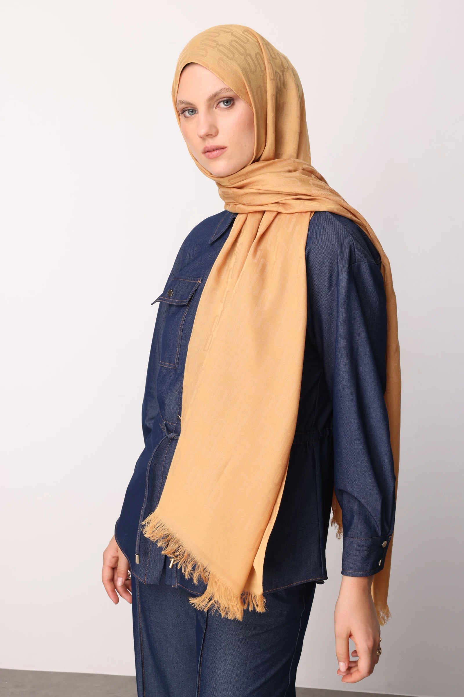 Chain Pattern Cotton Jacquard Scarf - Mustard