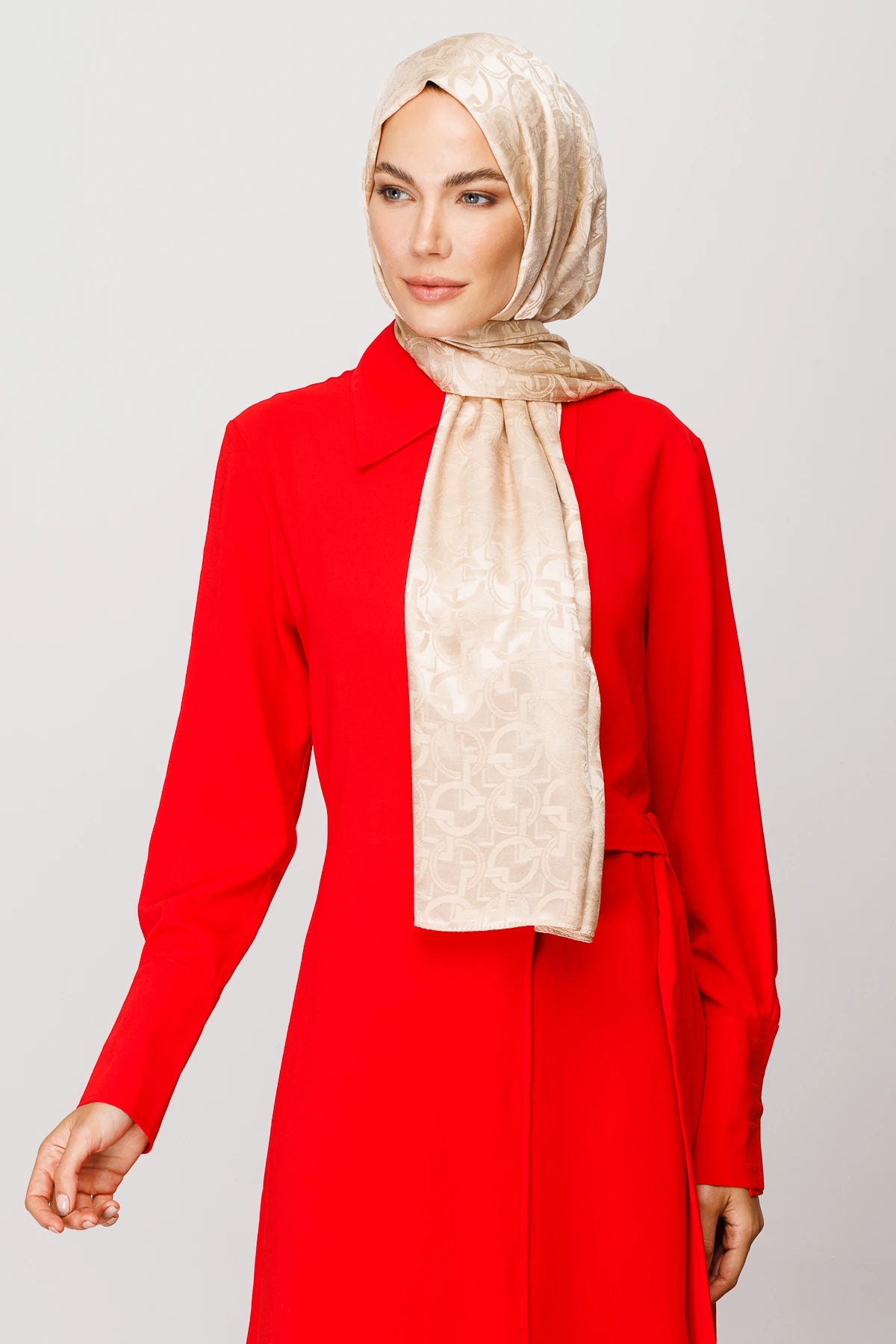 Longar Pattern Shiny Jacquard Scarf - Sand Beige
