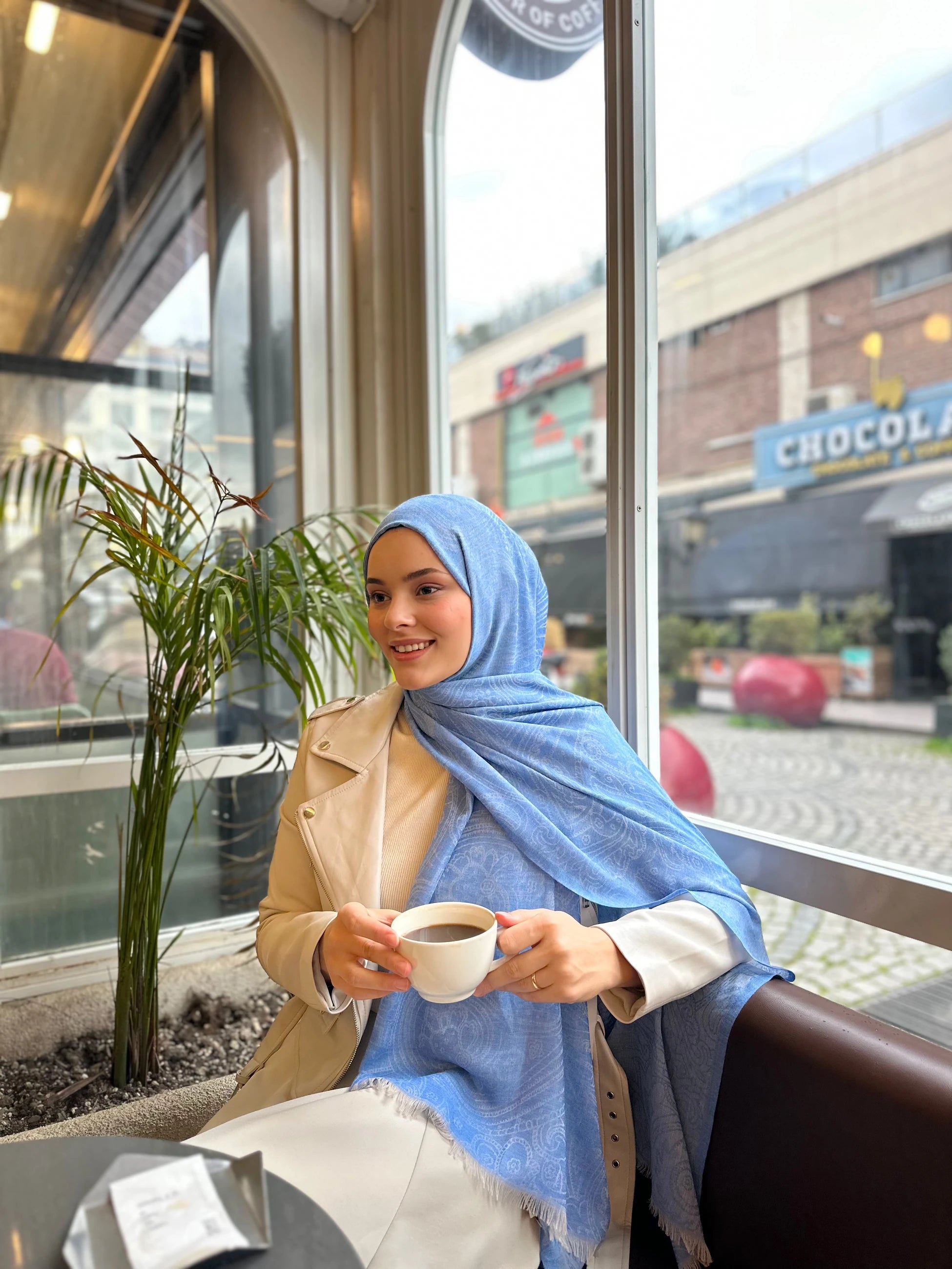 Rumi Pattern Wool Cashmere Shawl - Blue
