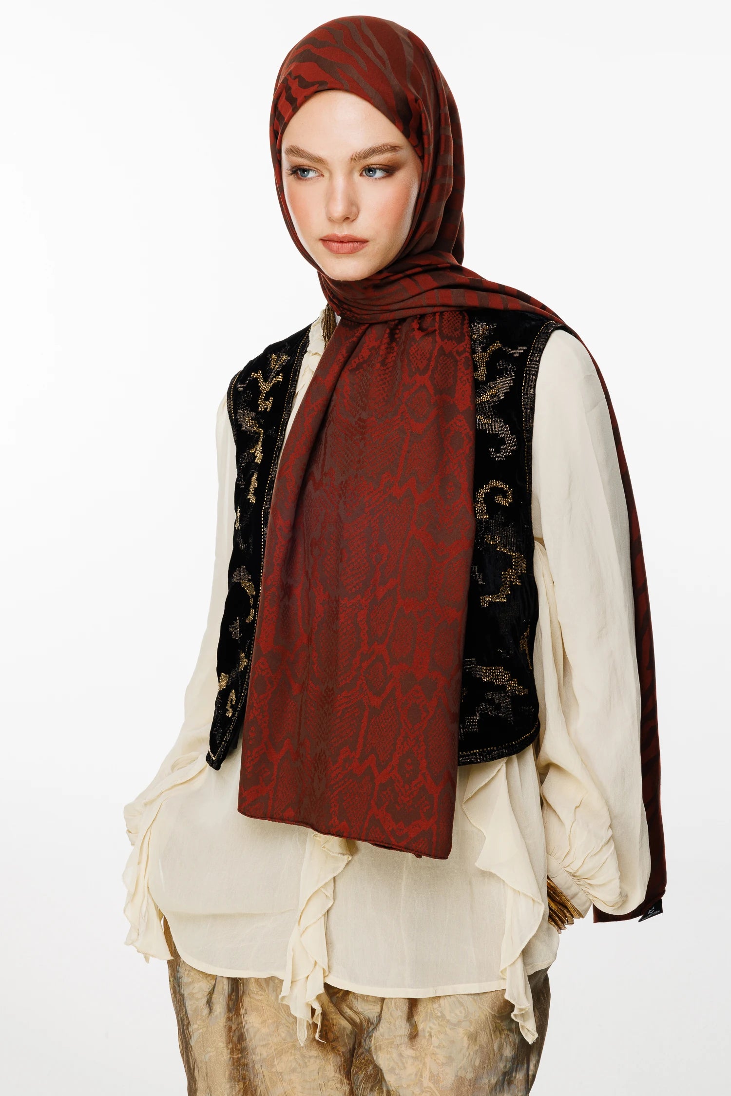 Riad Pattern Double-Sided Shawl - Bitter Coffee - Coffee