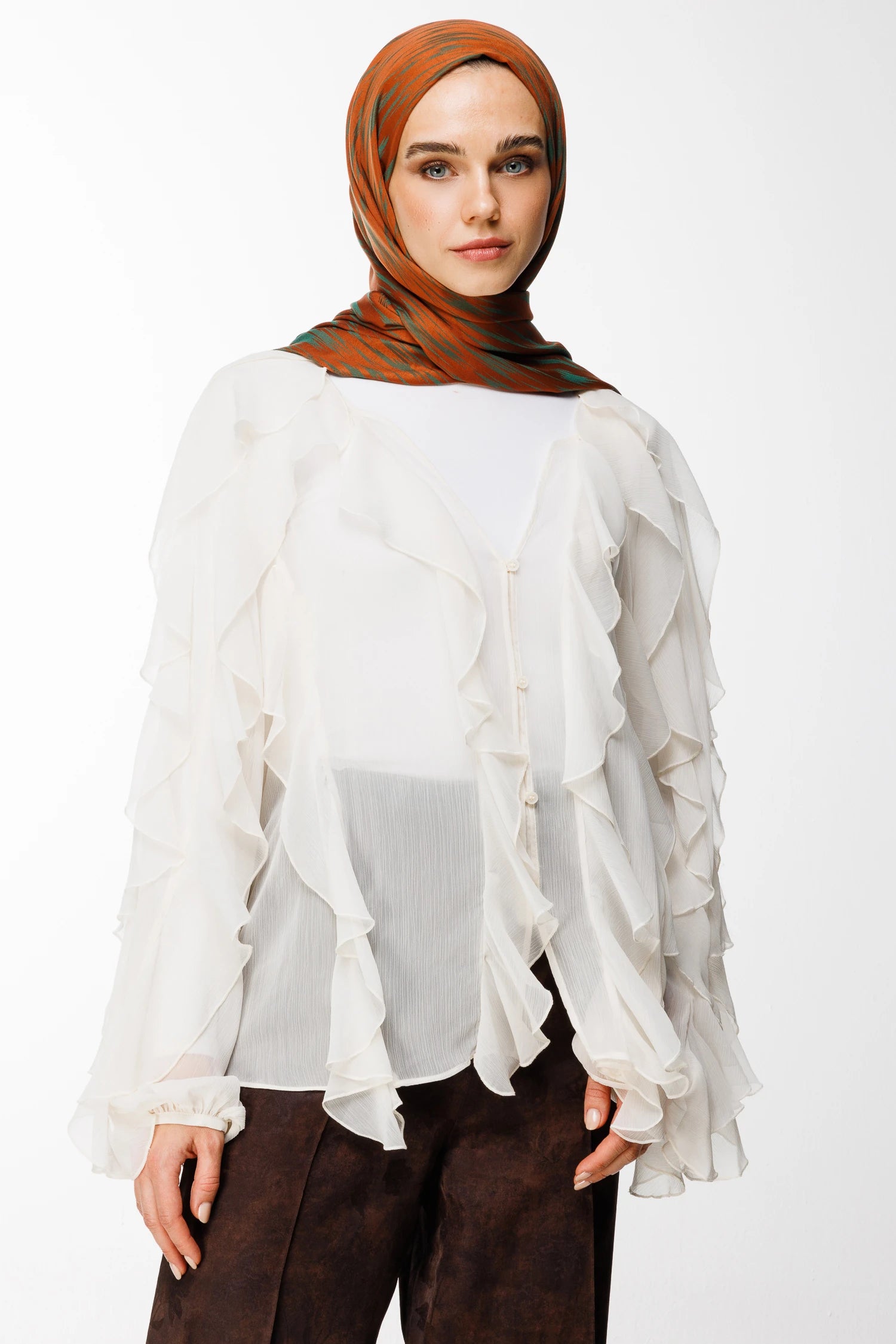 Selis Pattern Double-Sided Scarf - Cinnamon-Emerald
