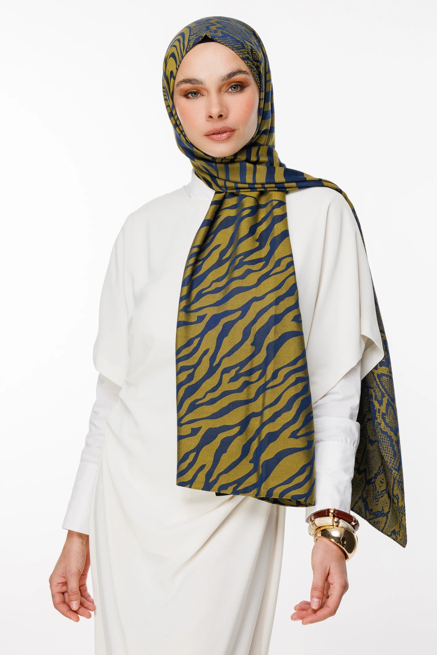 Riad Pattern Double-Sided Shawl - Navy Blue-Olive Green
