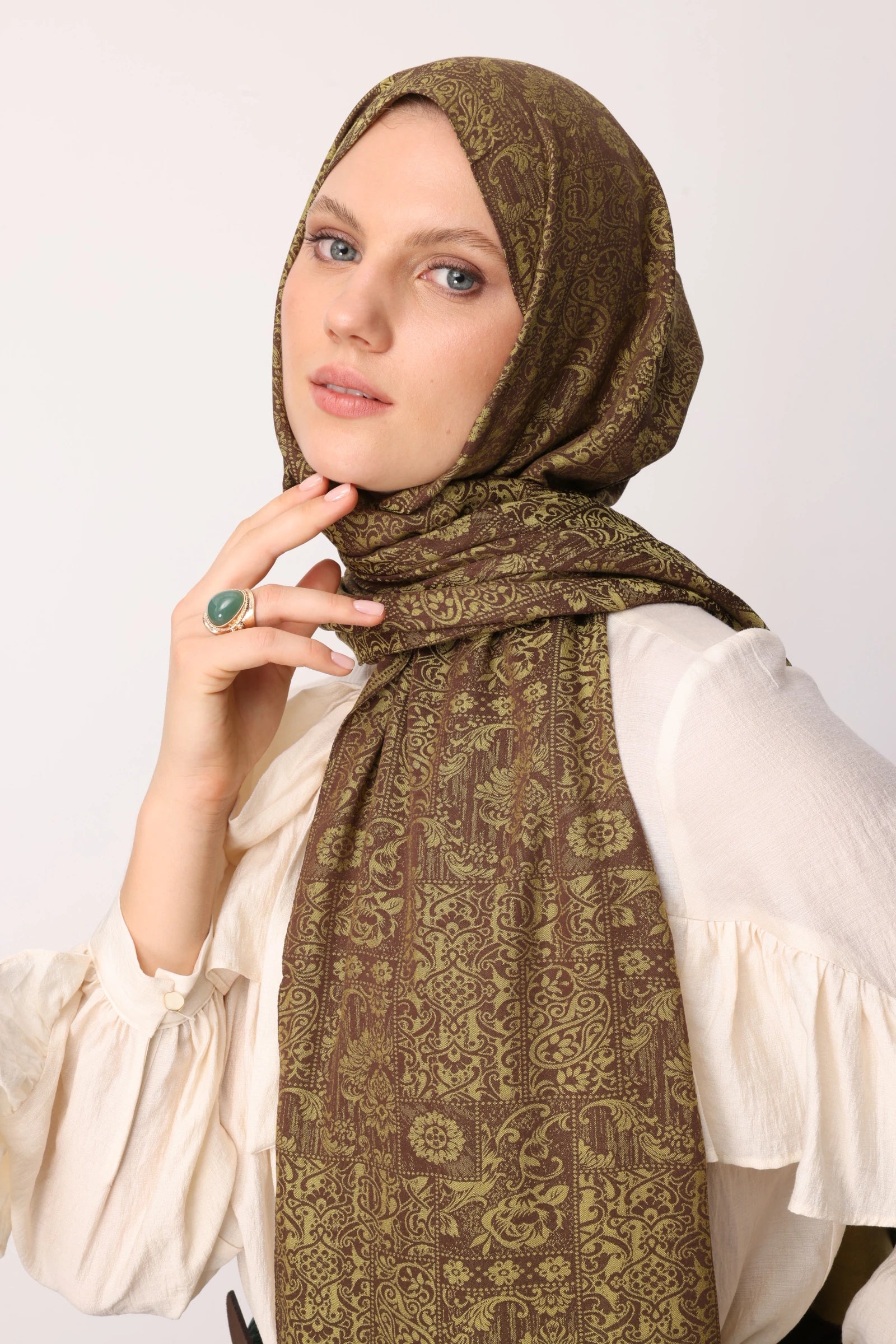 Henna Pattern Double-Sided Scarf - Bitter Coffee - Salmon