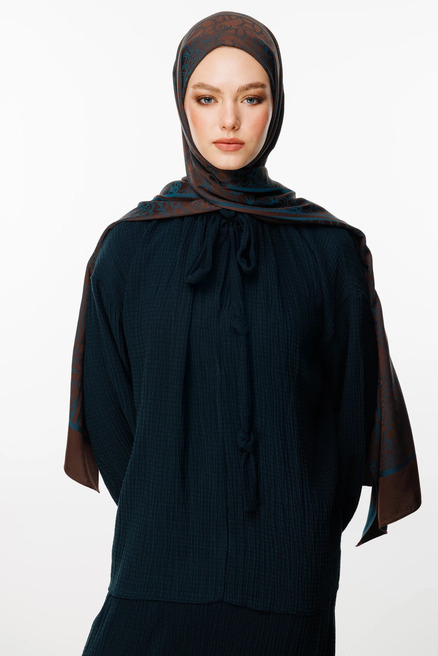 Lavin Pattern Double-Sided Scarf - Bitter Coffee-Petrol Blue