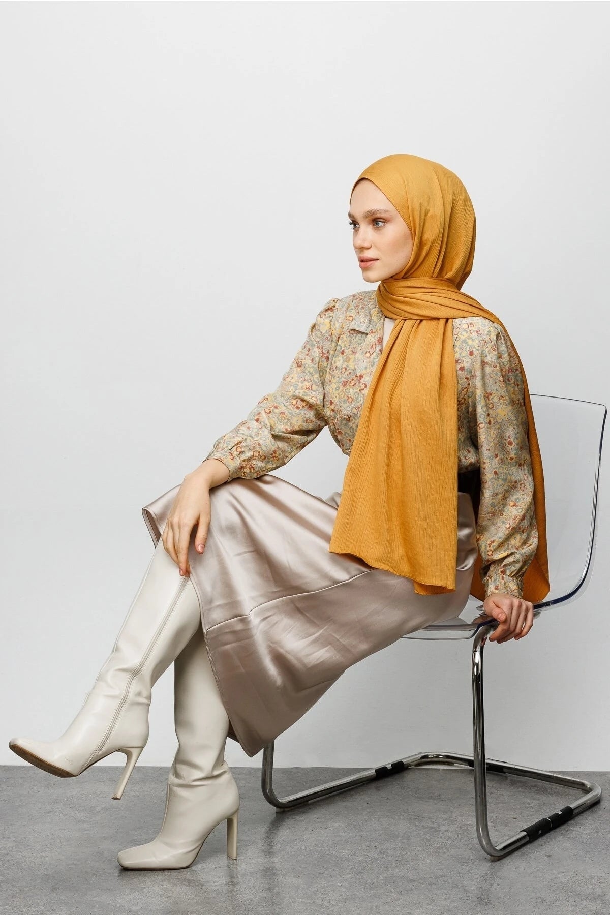 Crinkle Medina Silk Shawl - Mustard