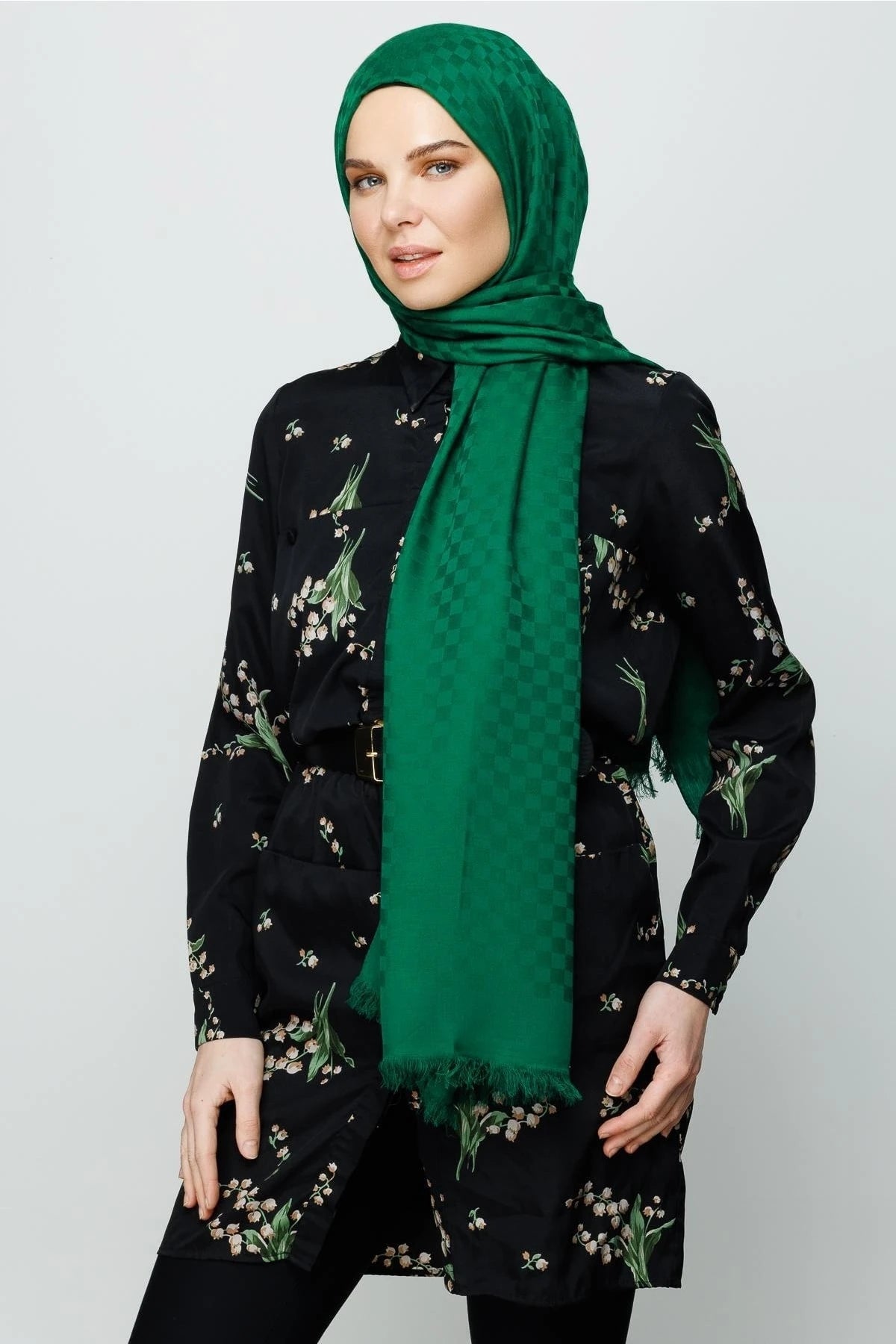 Square Pattern Cotton Jacquard Scarf - Dark Benetton Green