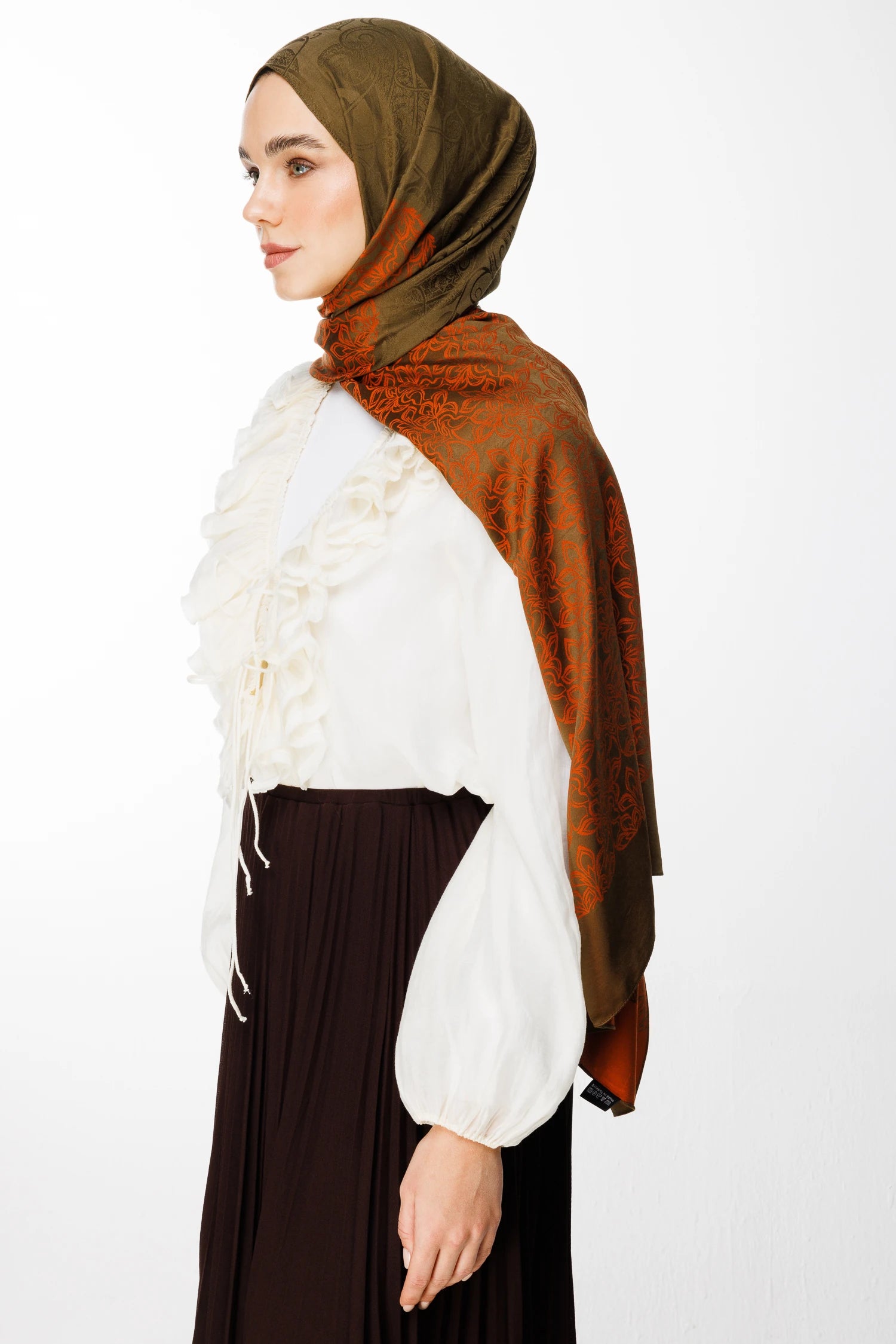 Nora Pattern Double-Sided Scarf - Dark Khaki-Cinnamon
