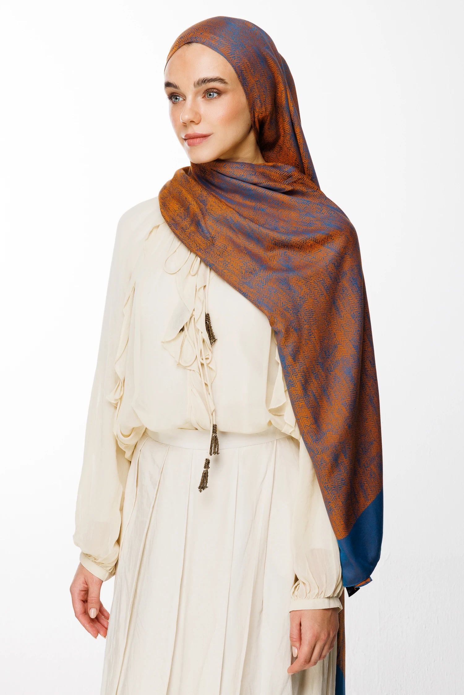 Sahara Pattern Double-Sided Shawl - Petroleum Blue-Orange