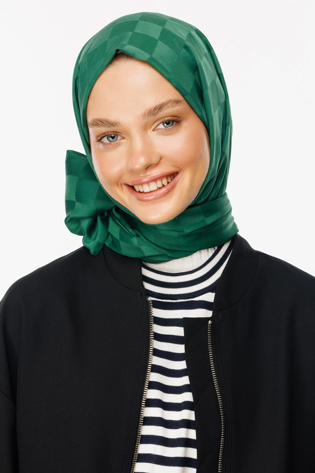 Checkerboard Pattern Silky Jacquard Shawl - Jade
