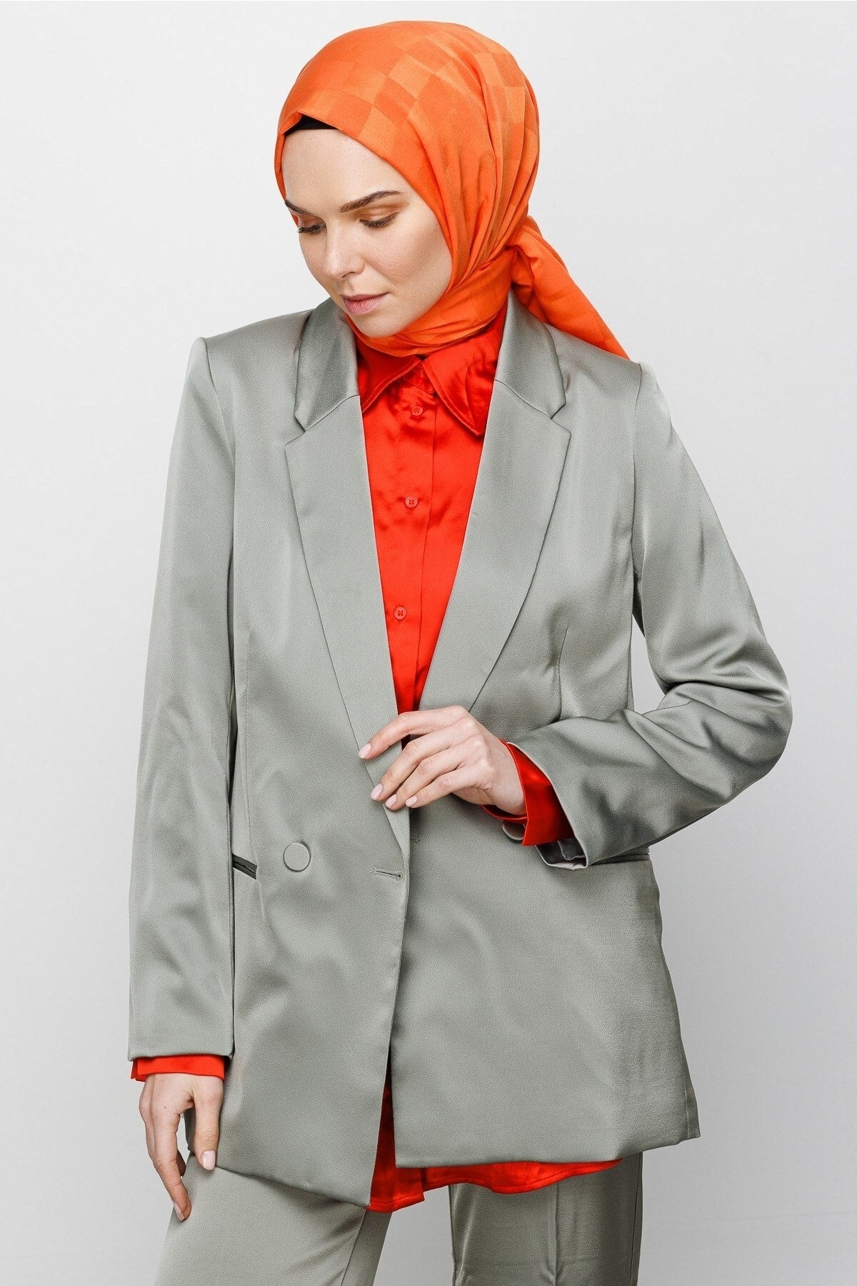 Checkerboard Pattern Silky Jacquard Shawl - Orange