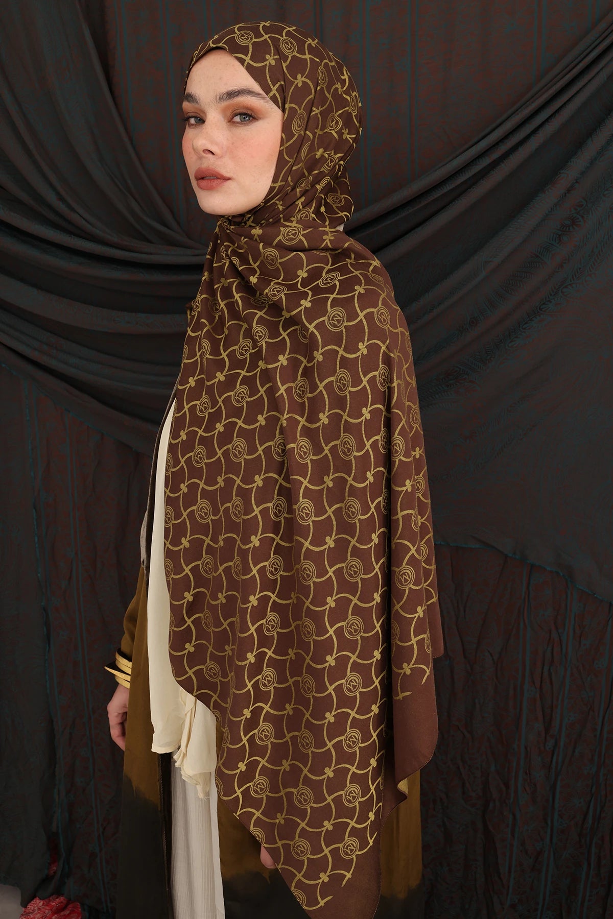Marrakech Pattern Double-Sided Scarf - Bitter Coffee - Salmon