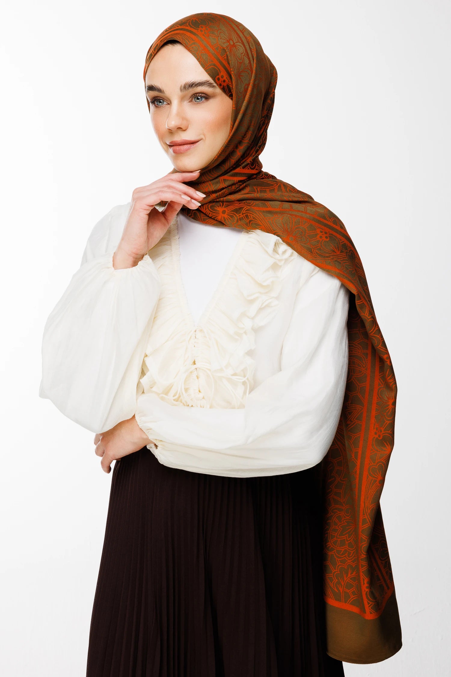 Lavin Pattern Double-Sided Scarf - Dark Khaki-Cinnamon