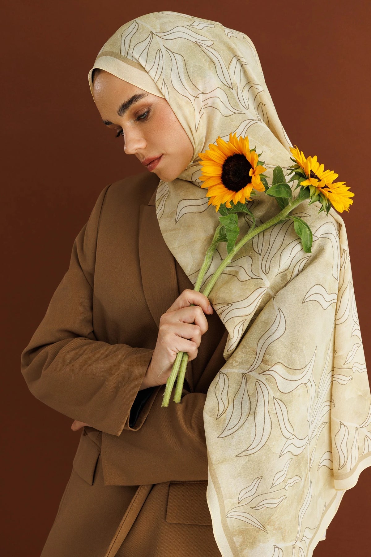 Frond Pattern Hebei Silk Scarf - Cream