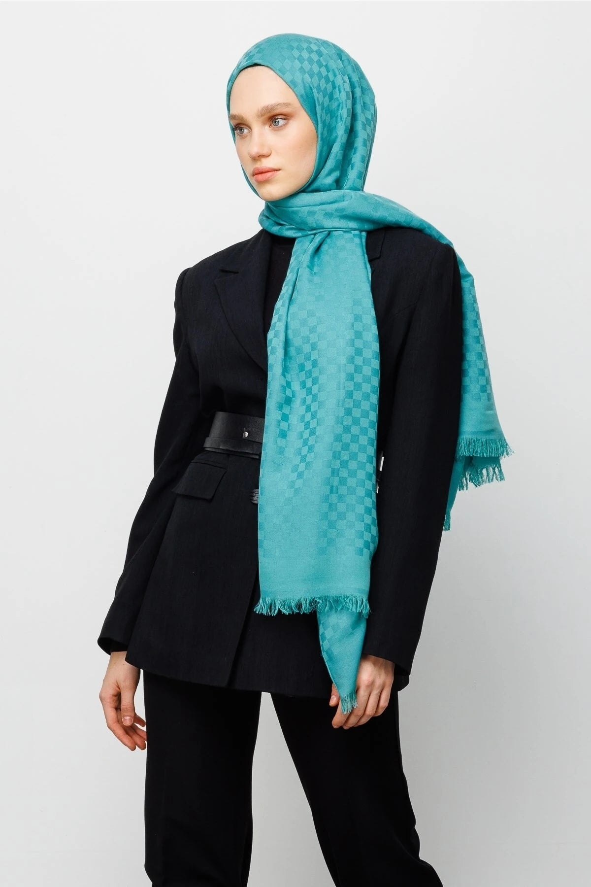 Square Pattern Cotton Jacquard Scarf - Mint Green