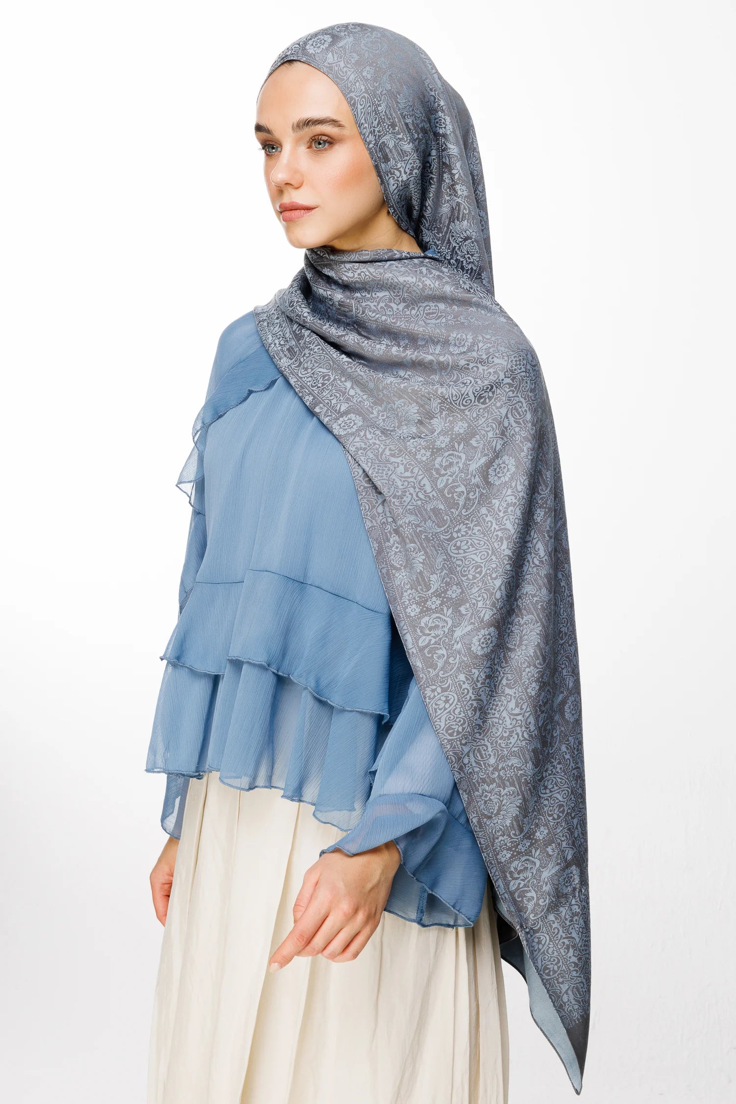 Henna Pattern Double-Sided Scarf - Dark Gray-Light Blue