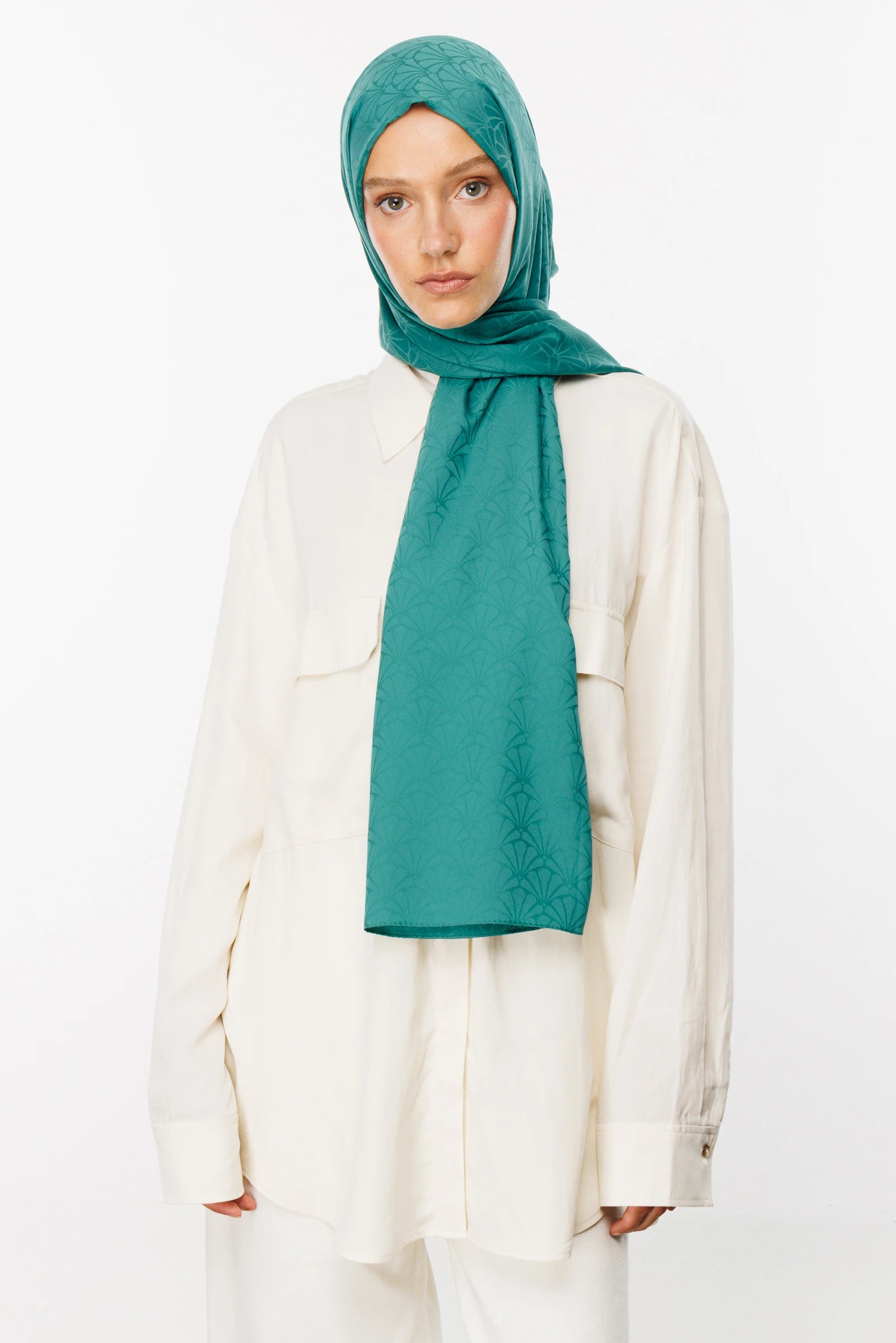 Lotus Pattern Silky Jacquard Scarf - Mint Green