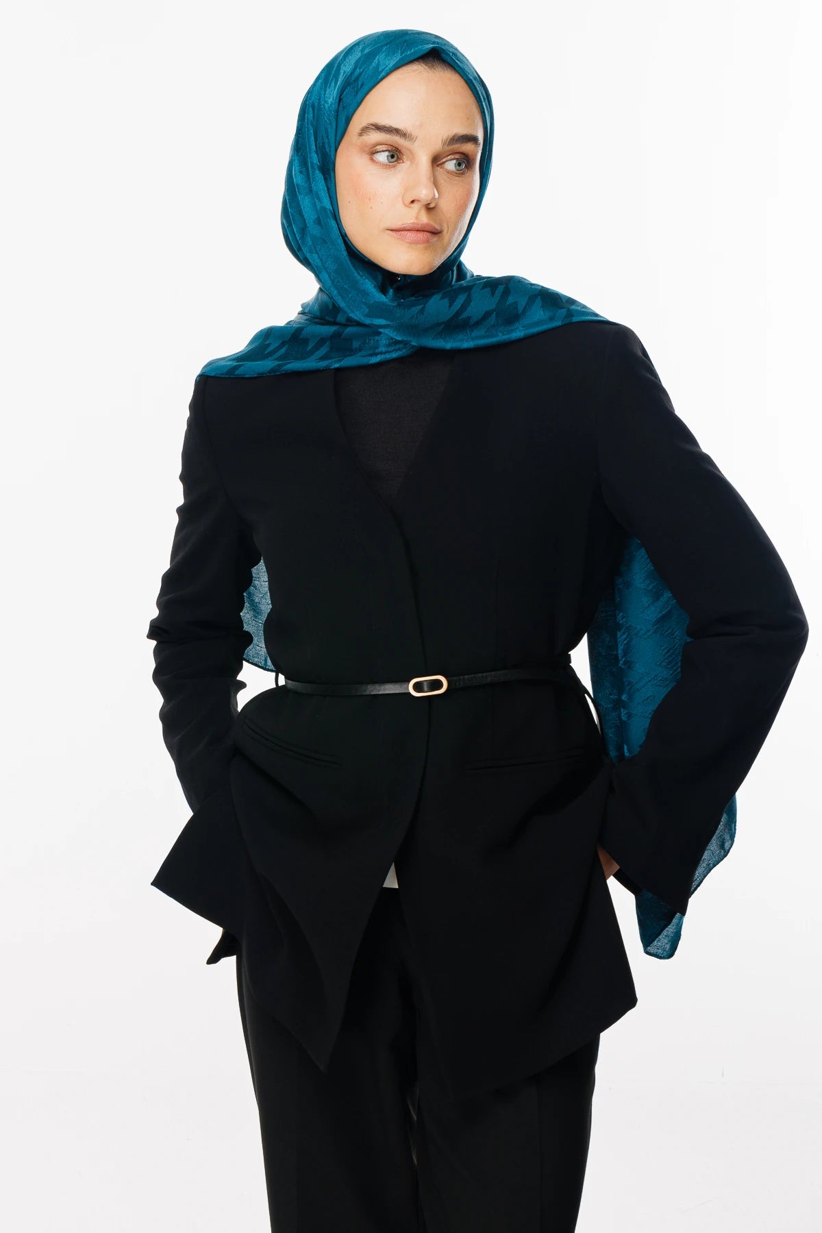 Houndstooth Pattern Shiny Jacquard Shawl - Petroleum Blue