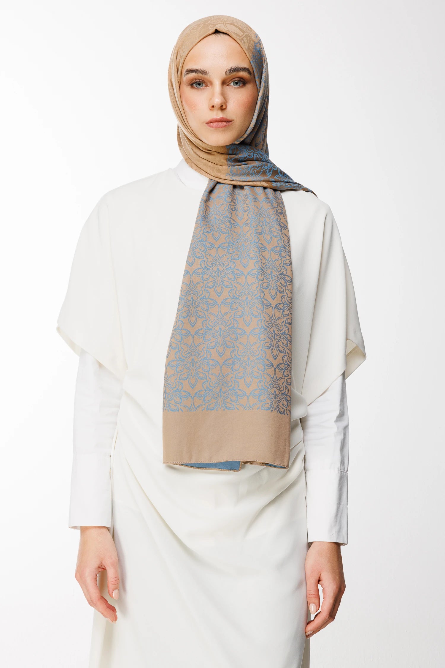 Nora Pattern Double-Sided Scarf - Mink-Turquoise