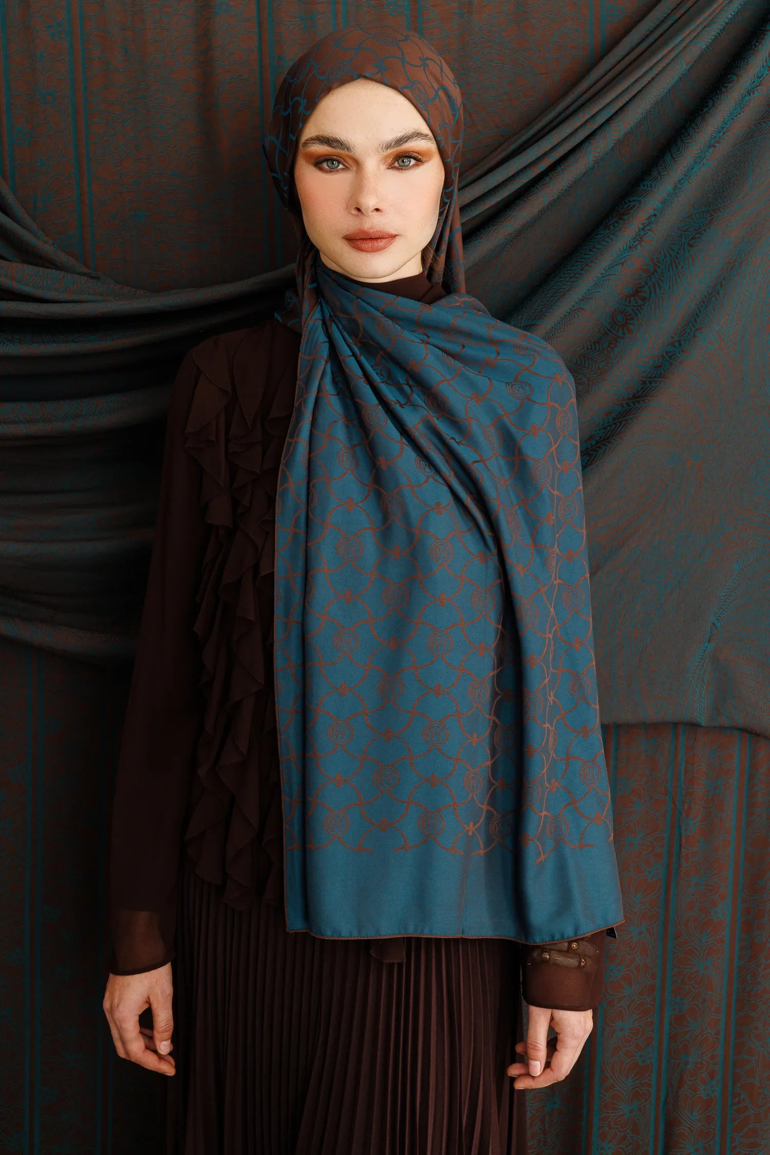 Marrakech Pattern Double-Sided Scarf - Bitter Coffee-Petrol Blue