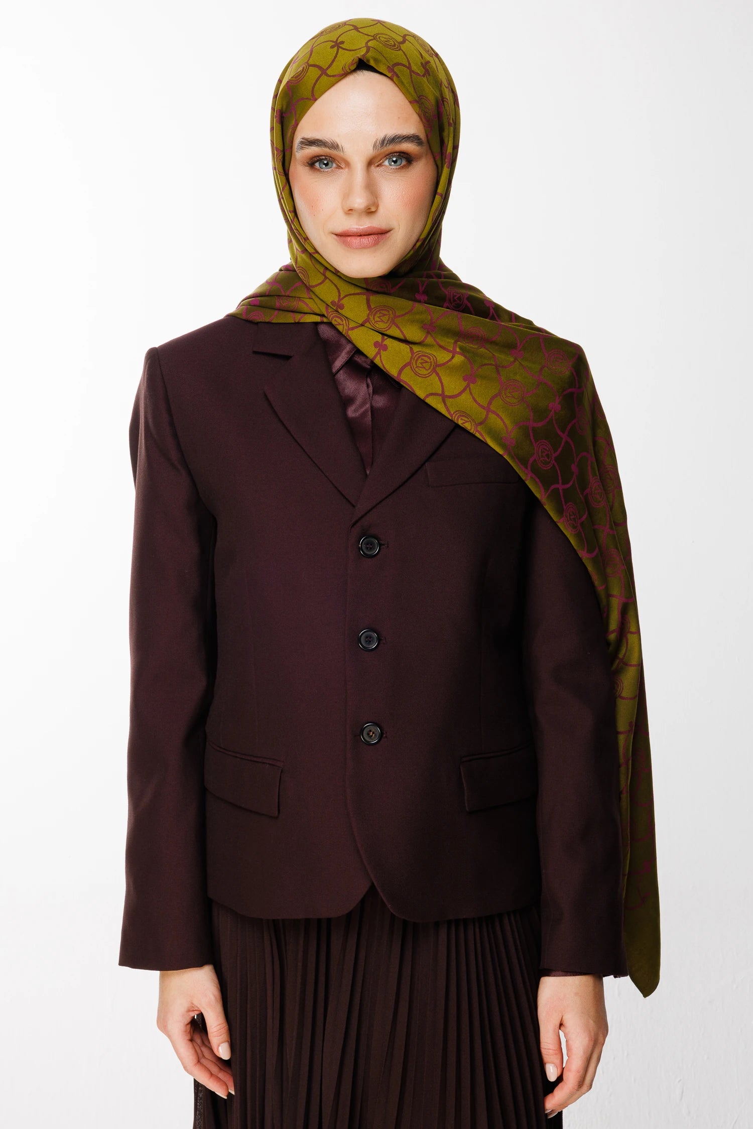 Marrakech Pattern Double-Sided Scarf - Olive Green-Plum
