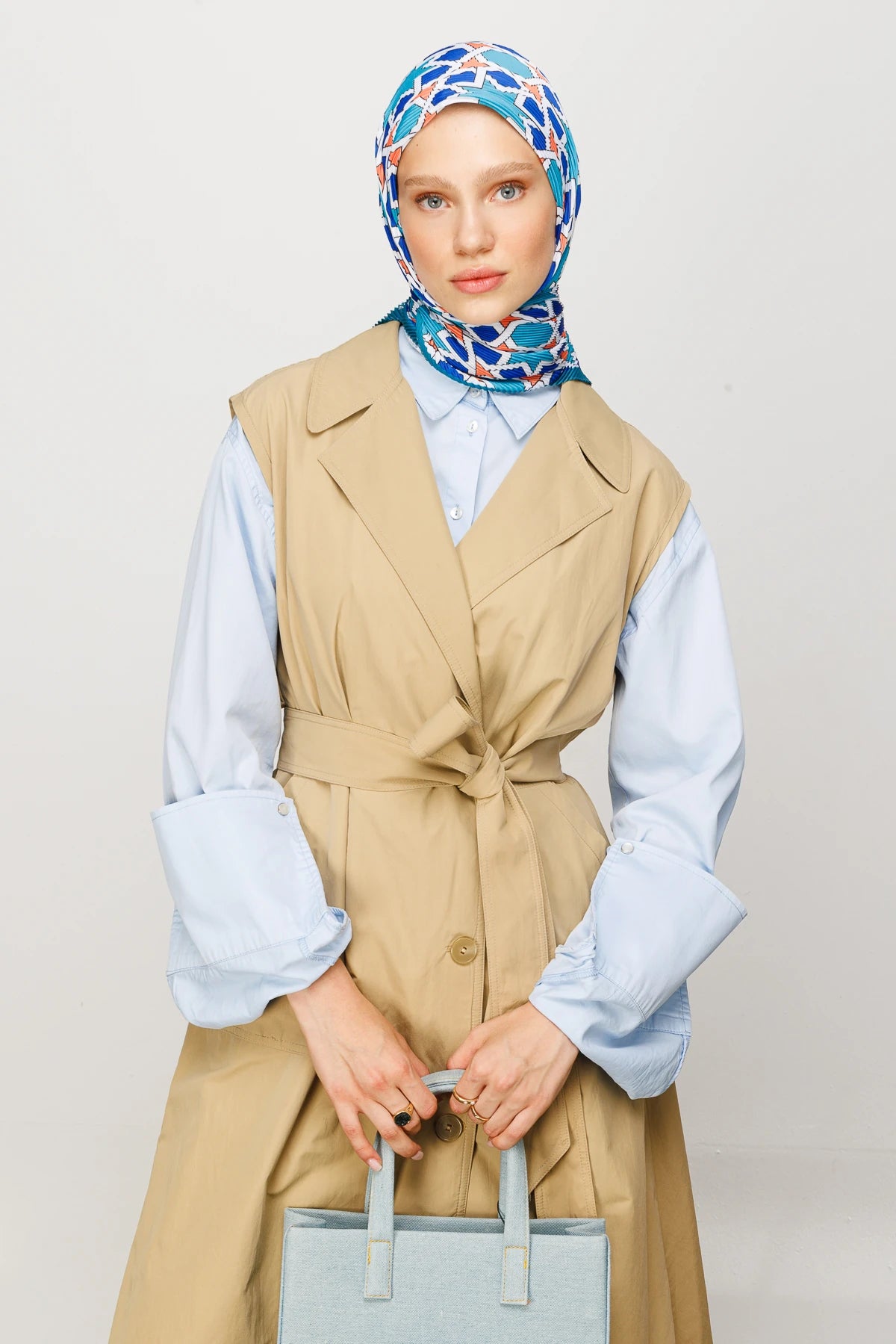Shira Pattern Pleated Scarf - Turquoise