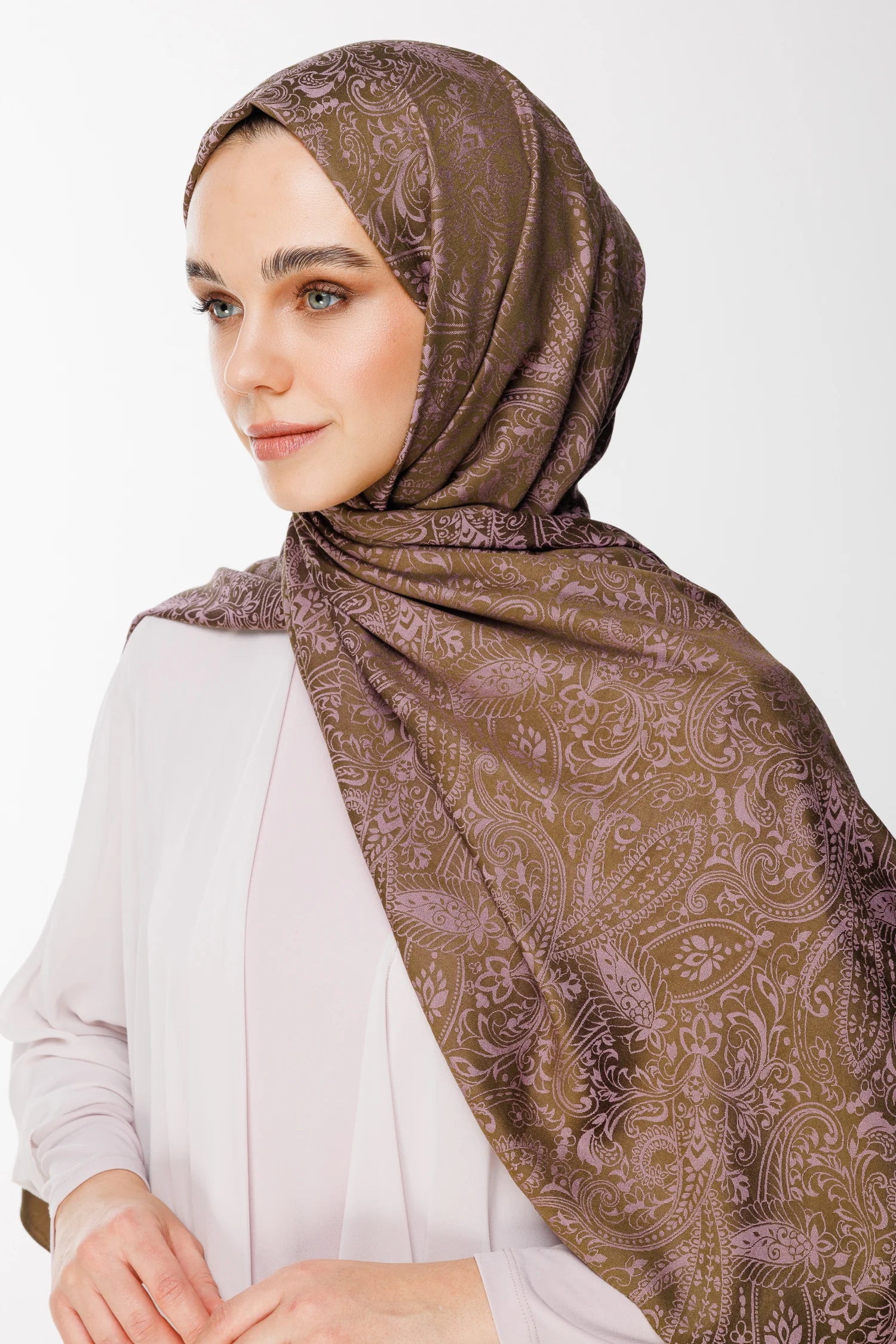 Velora Pattern Double-Sided Scarf - Dark Khaki - Dark Rose
