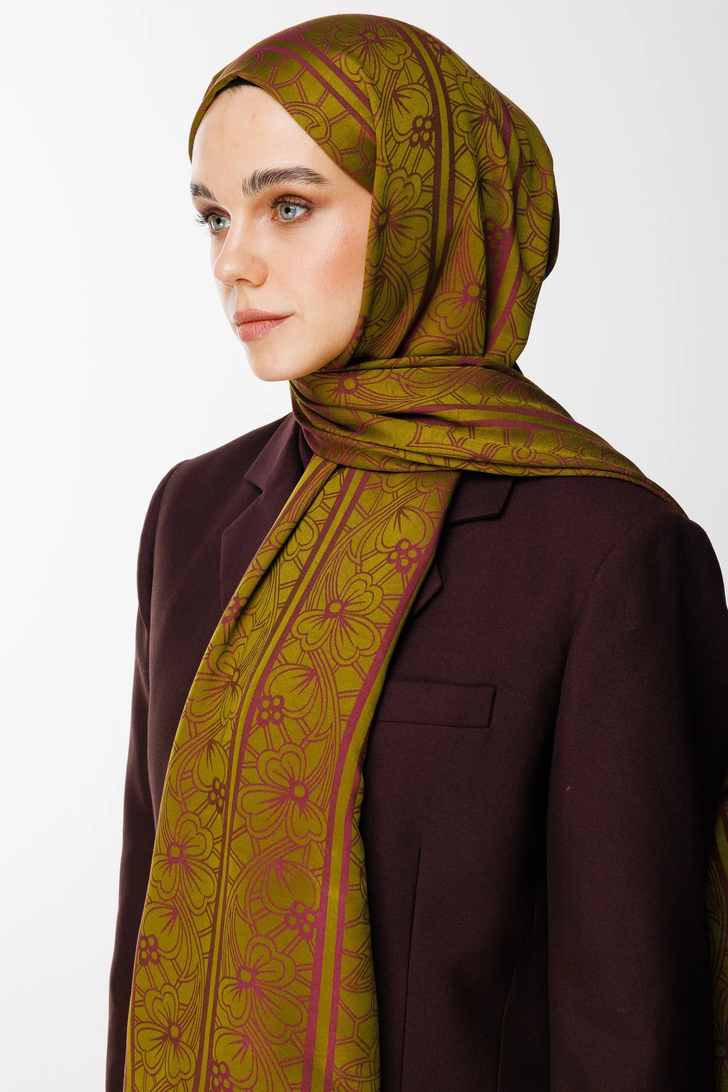 Lavin Pattern Double-Sided Scarf - Olive Green-Plum