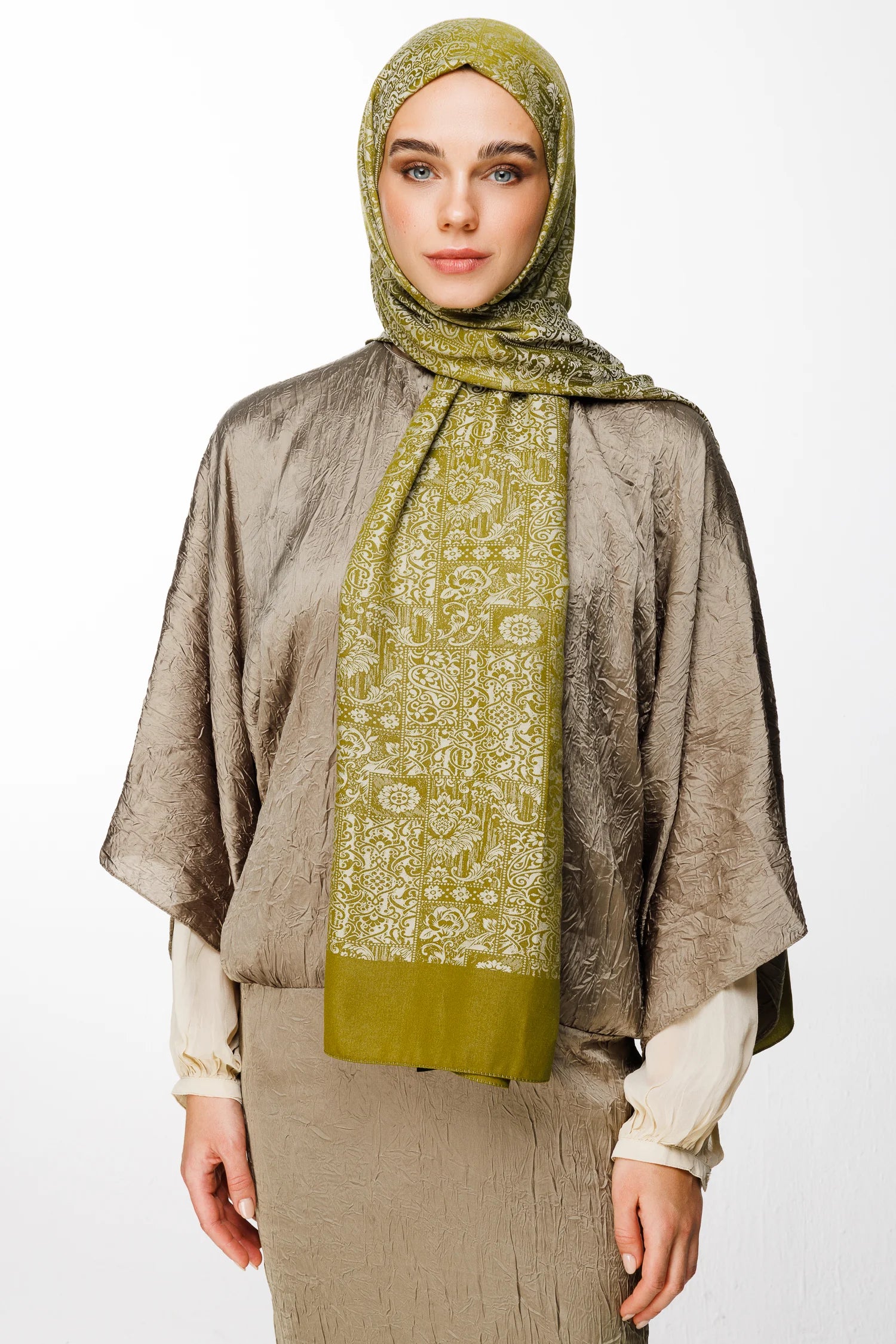 Henna Pattern Double-Sided Scarf - Olive Green-Ecru
