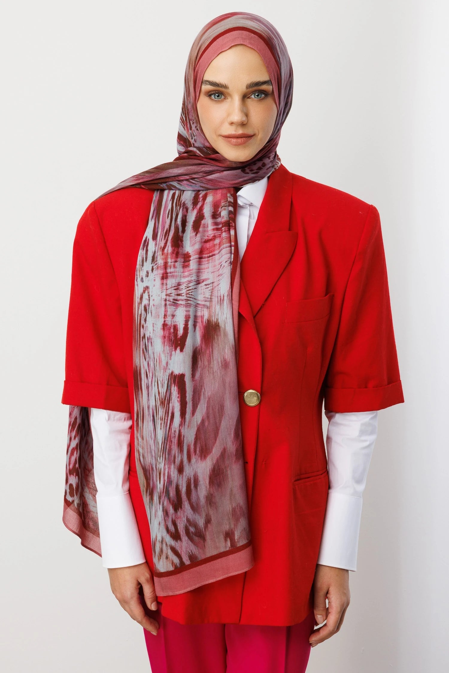 Leopard Print Ramie Scarf - Burgundy