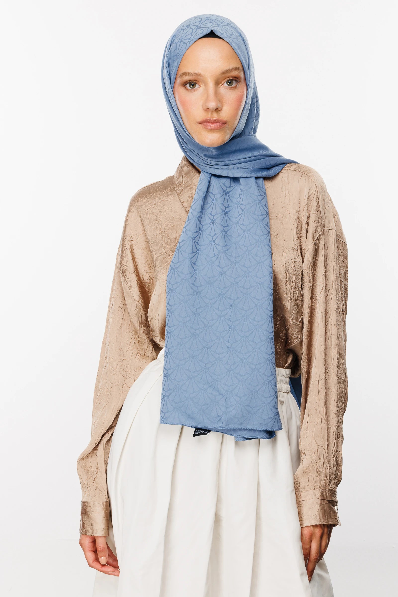 Lotus Pattern Silky Jacquard Scarf - Sky Blue
