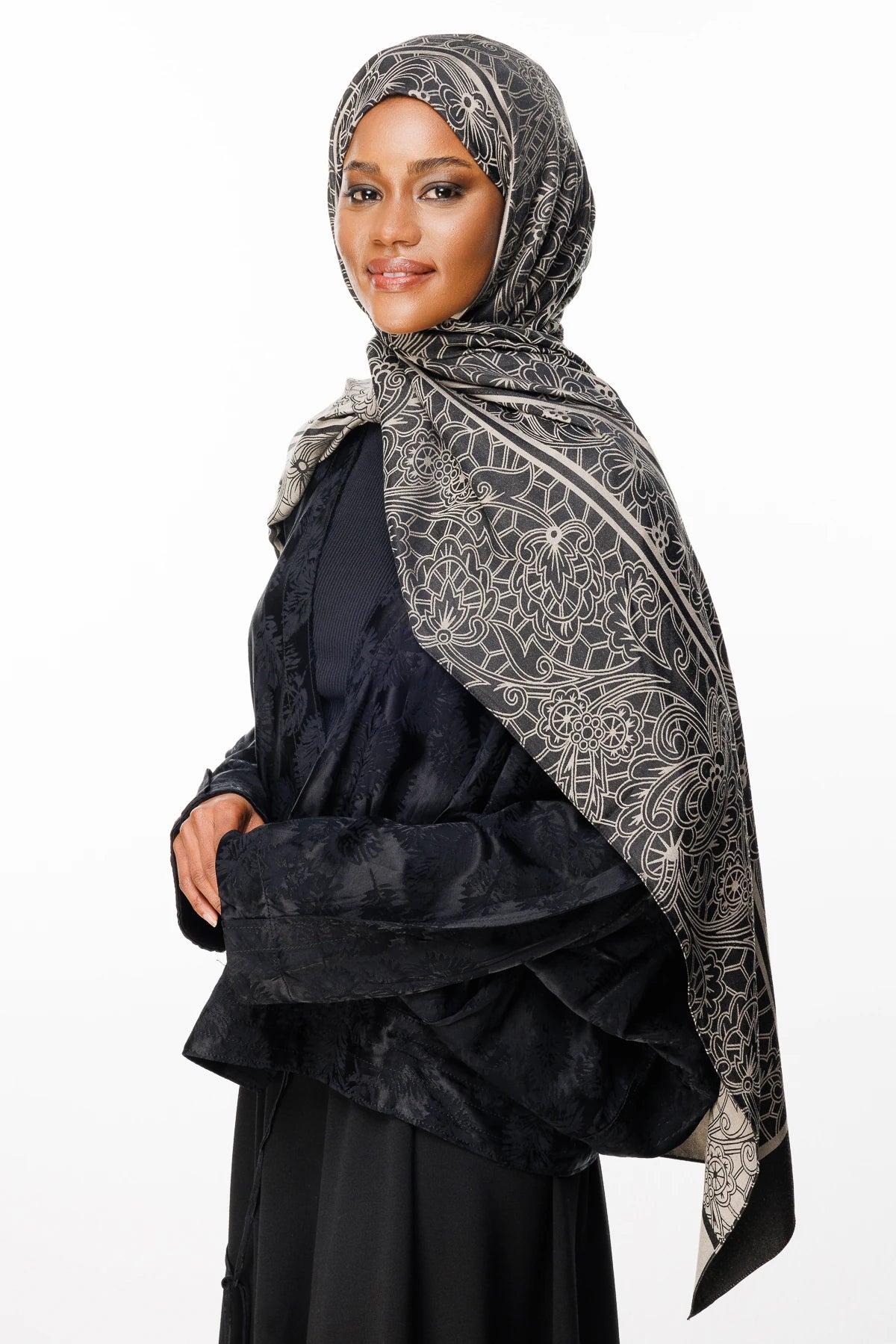 Lavin Pattern Double-Sided Scarf - Black-Beige