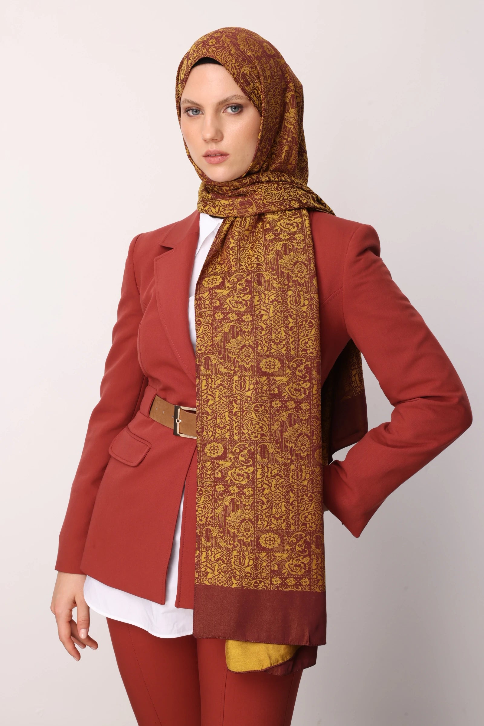 Henna Pattern Double-Sided Scarf - Plum-Yellow