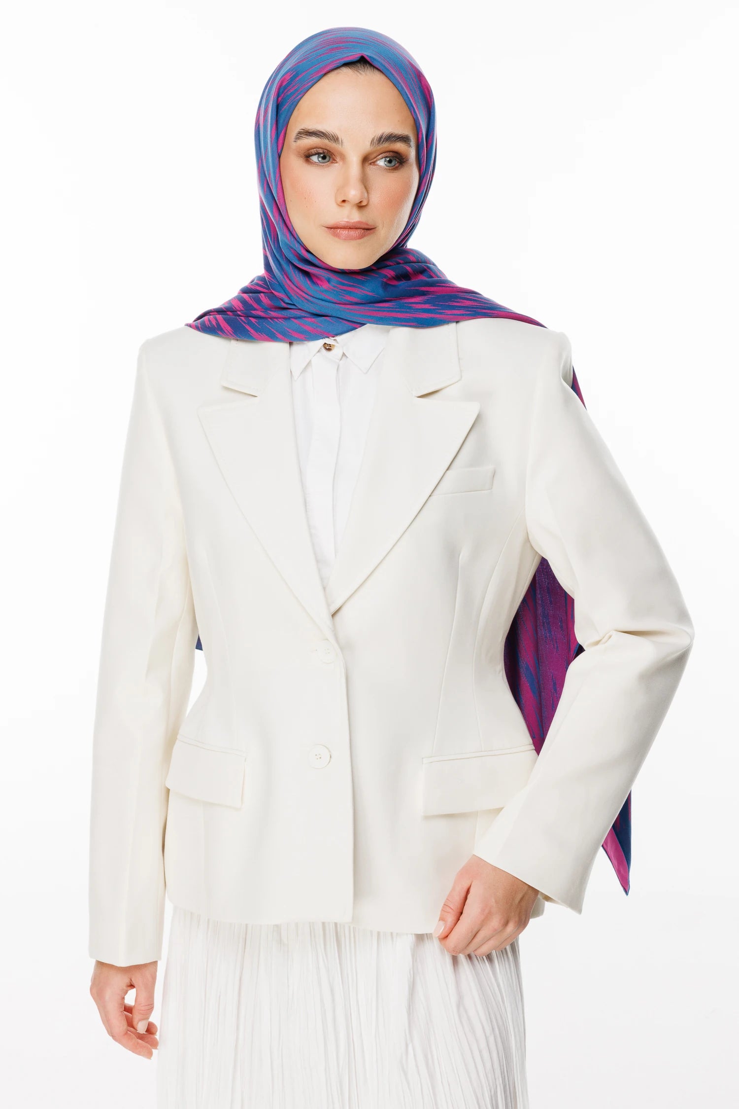 Selis Pattern Double-Sided Scarf - Petrol Blue-Fuchsia