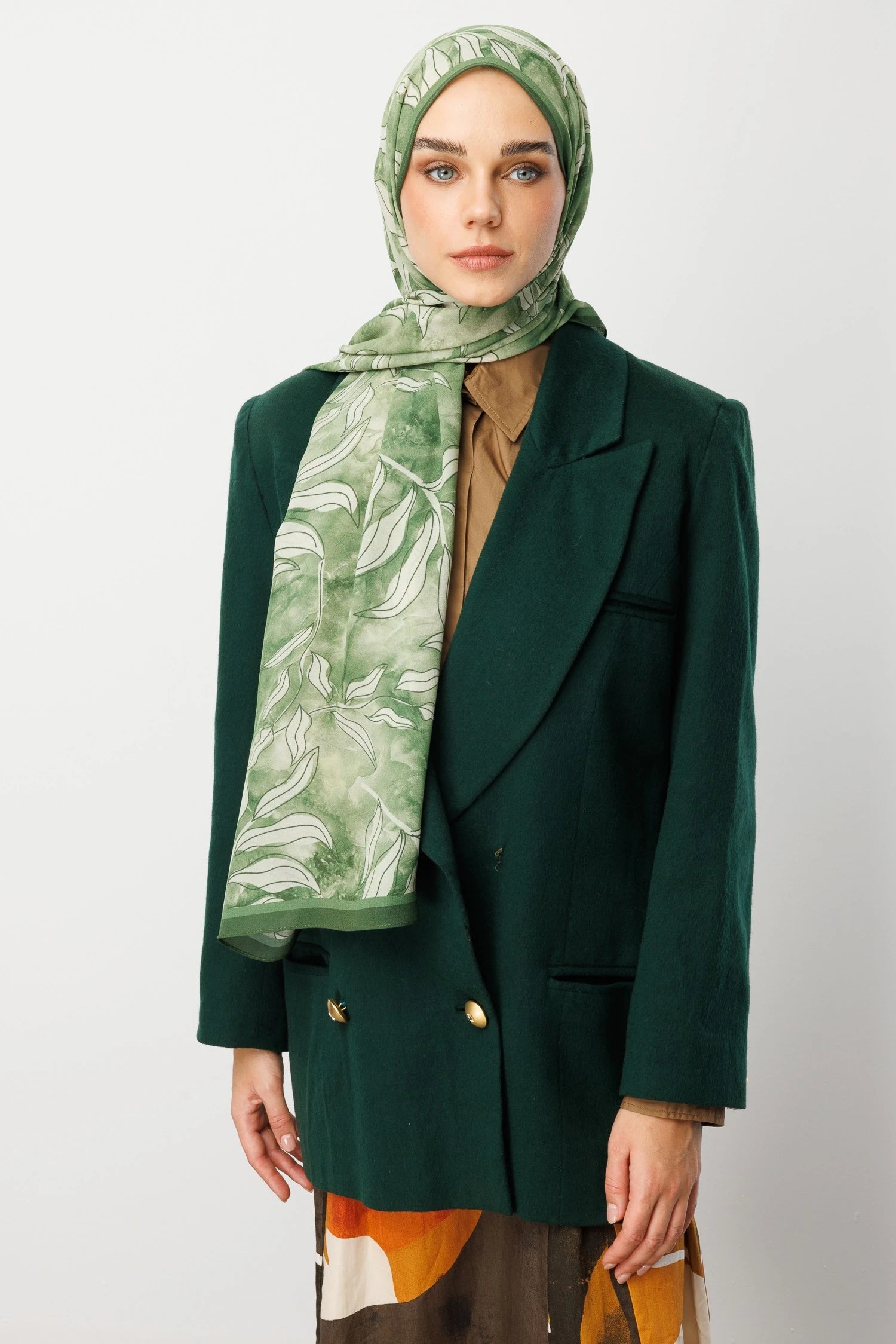 Frond Pattern Hebei Silk Scarf - Light Green