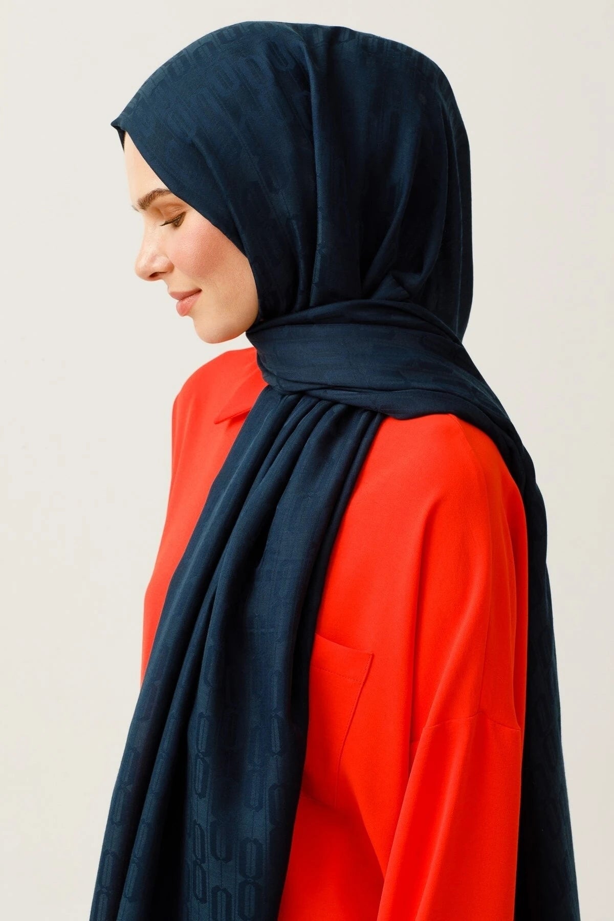 Chain Pattern Cotton Jacquard Scarf - Navy blue