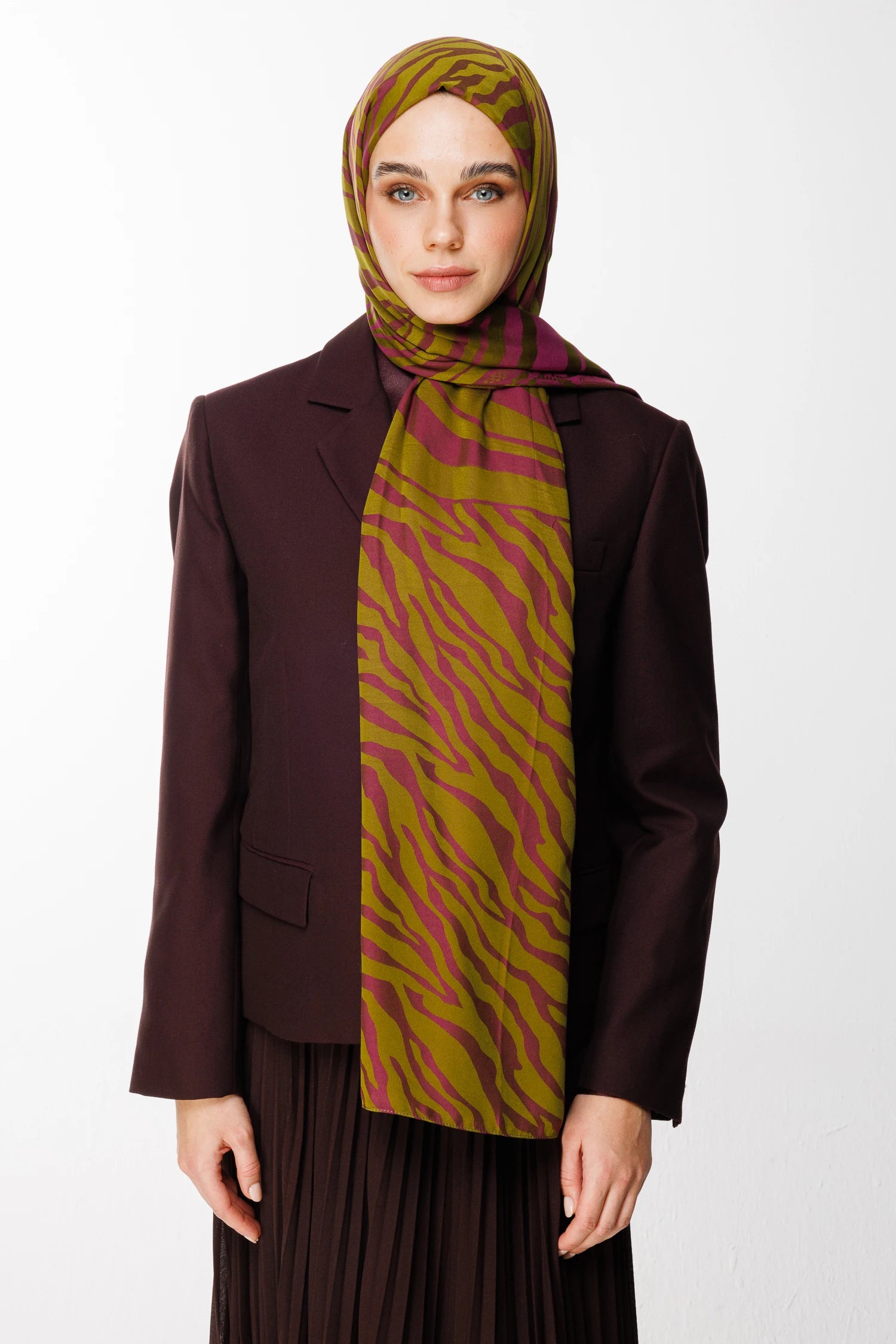 Riad Pattern Double-Sided Shawl - Olive Green-Plum