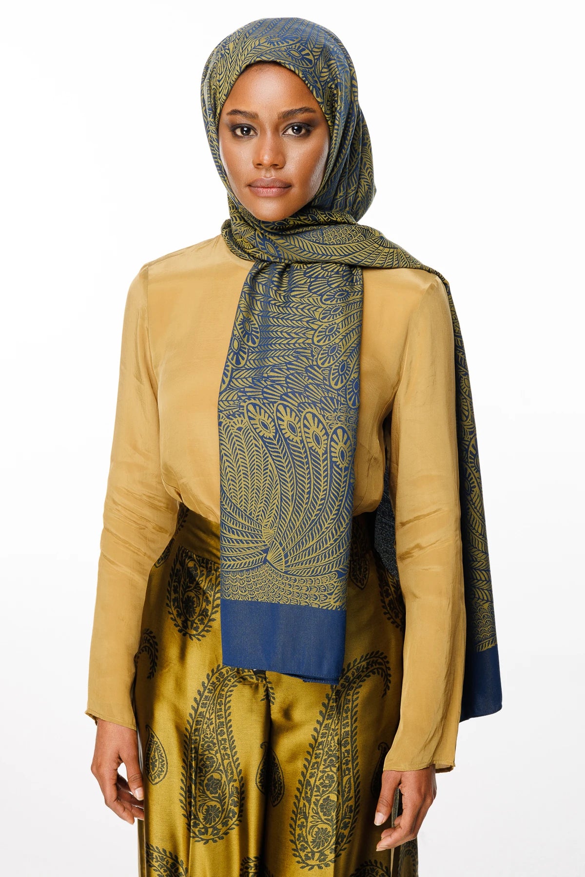 Mayra Pattern Double-Sided Scarf - Navy Blue-Olive Green