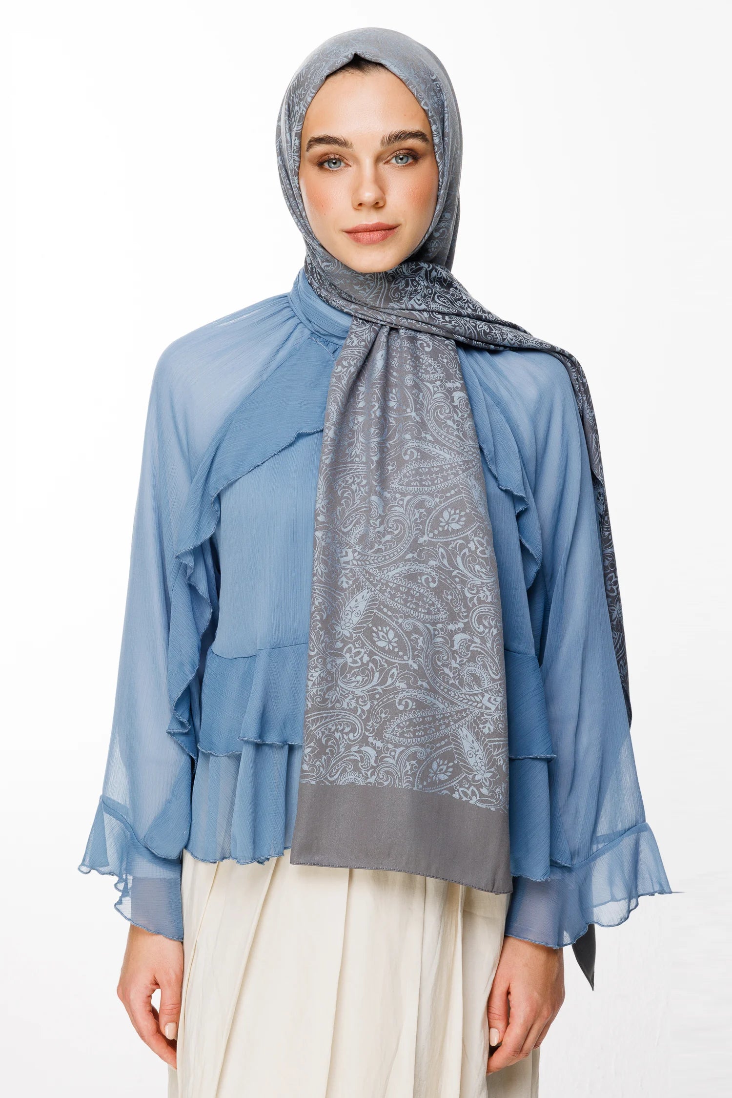 Velora Pattern Double-Sided Scarf - Dark Gray-Light Blue