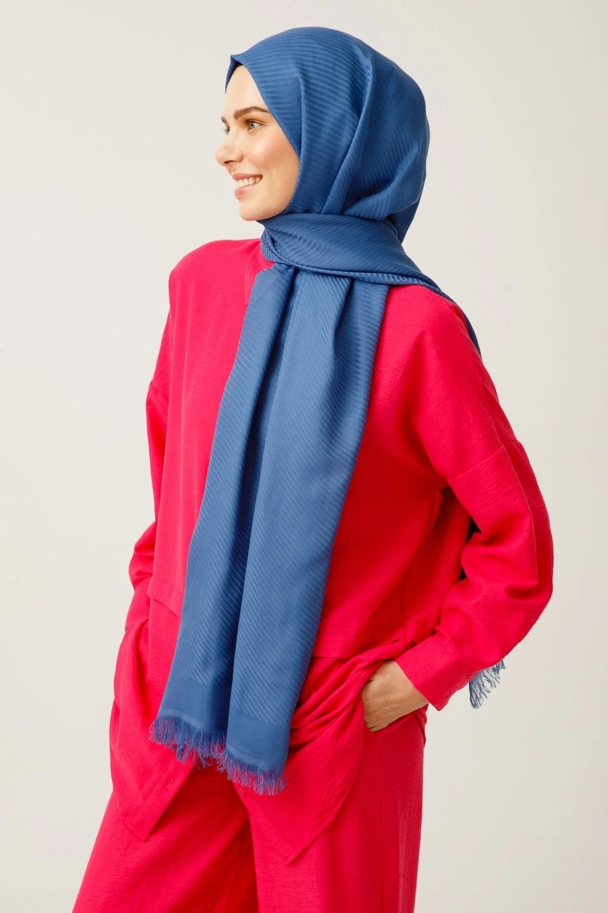 Striped Pattern Cotton Jacquard Scarf - Blue
