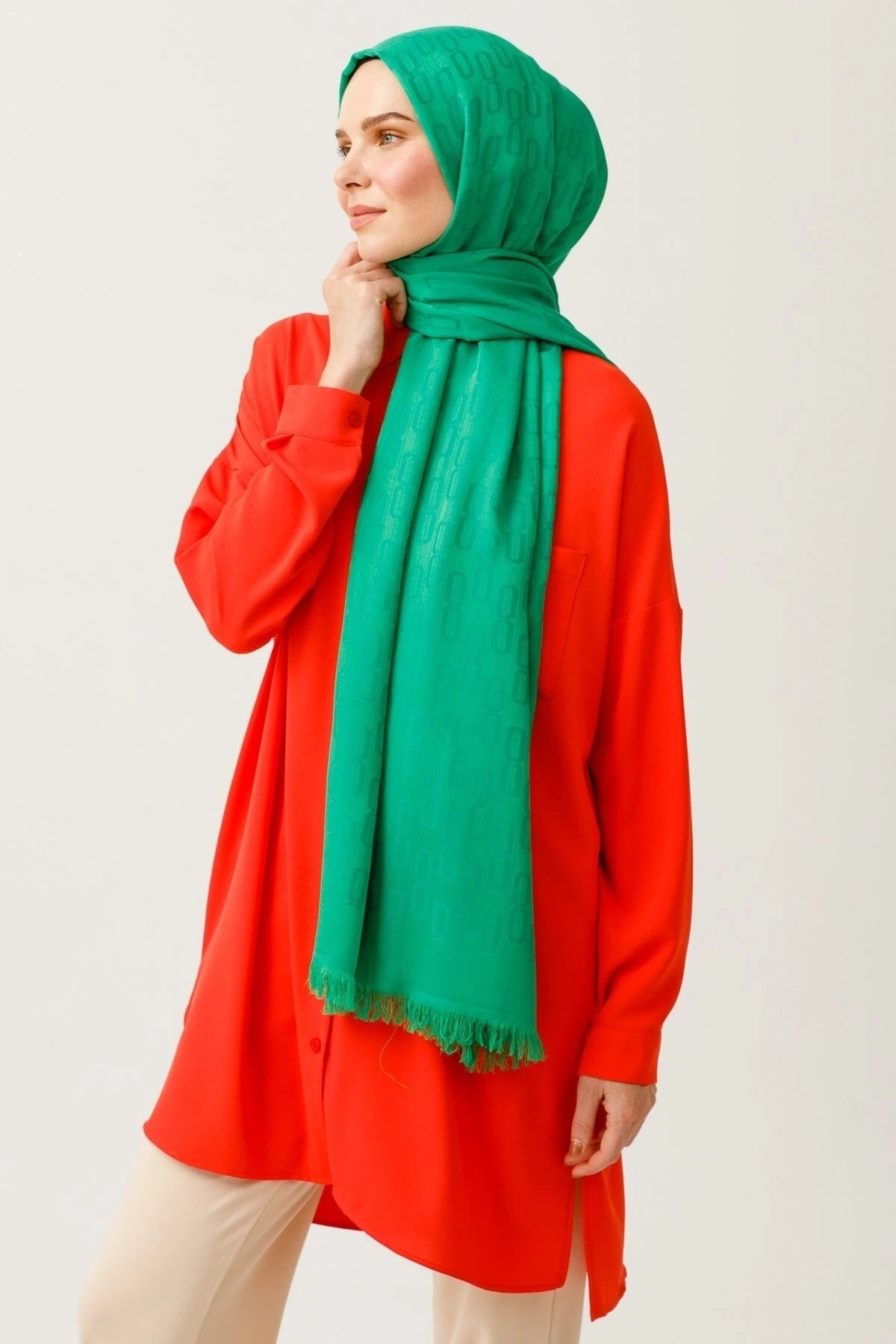 Chain Pattern Cotton Jacquard Scarf - Benetton Green