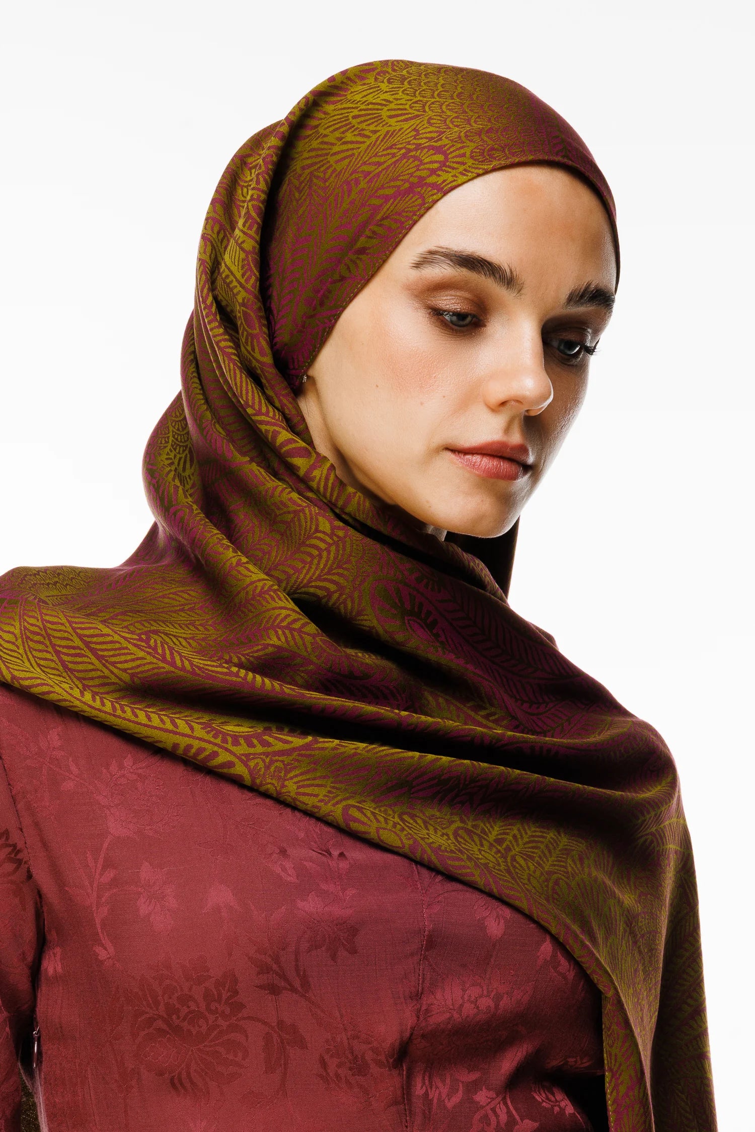 Mayra Pattern Double-Sided Scarf - Olive Green-Plum