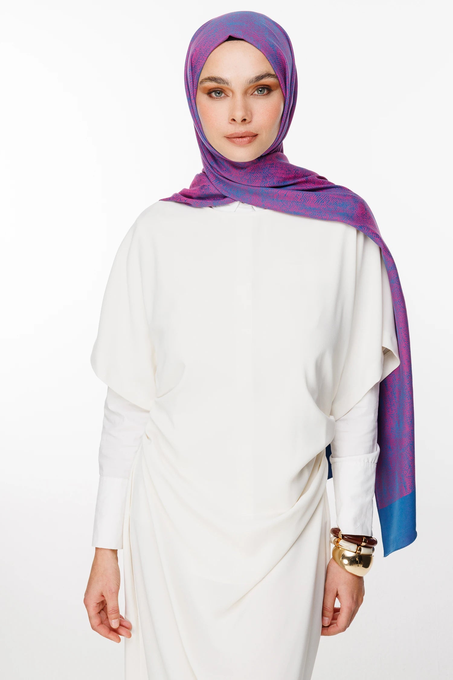 Sahara Pattern Double-Sided Shawl - Petrol Blue-Fuchsia