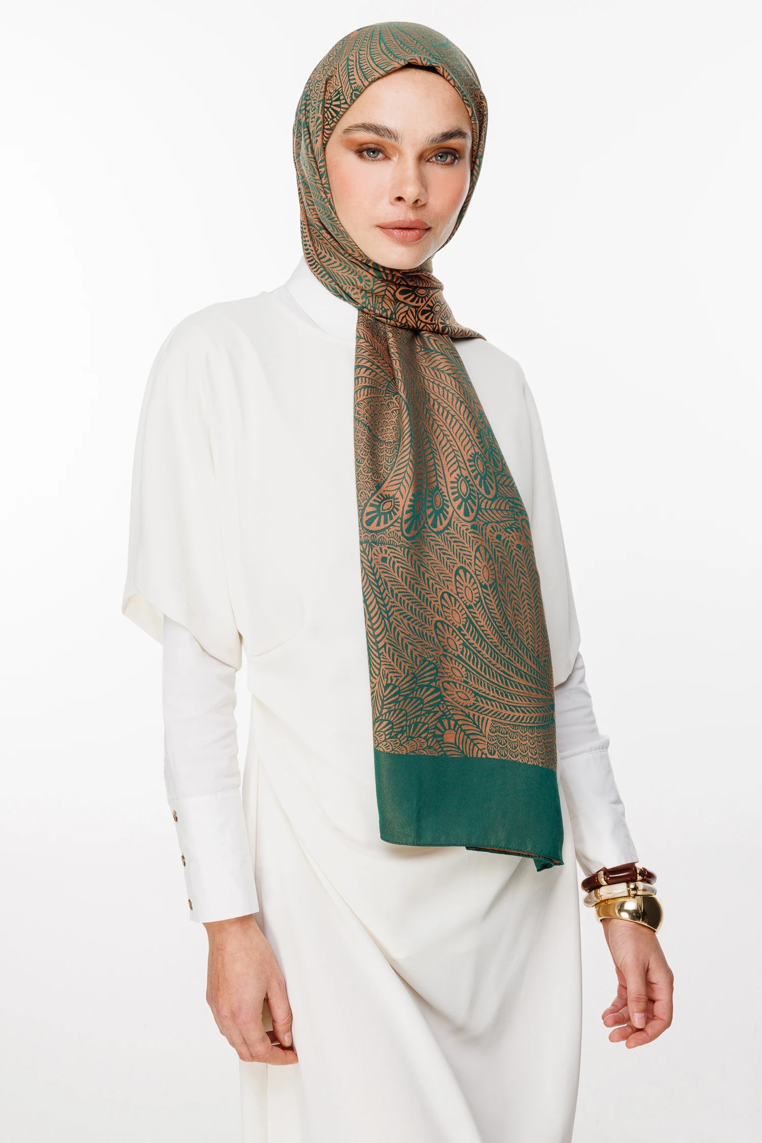 Mayra Pattern Double-Sided Scarf - Emerald-Apricot