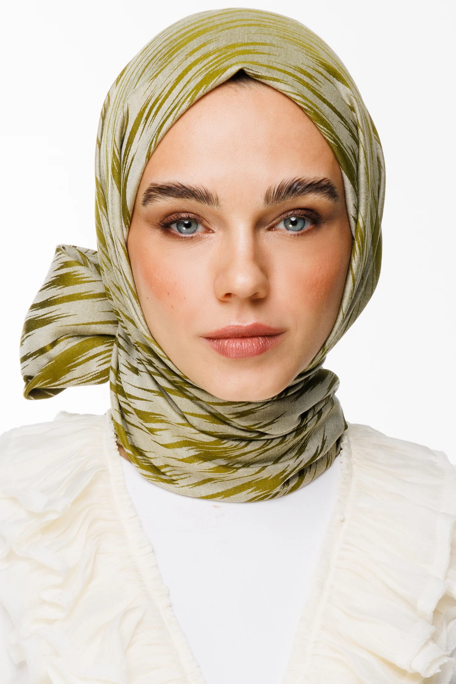 Selis Pattern Double-Sided Scarf - Olive Green-Ecru