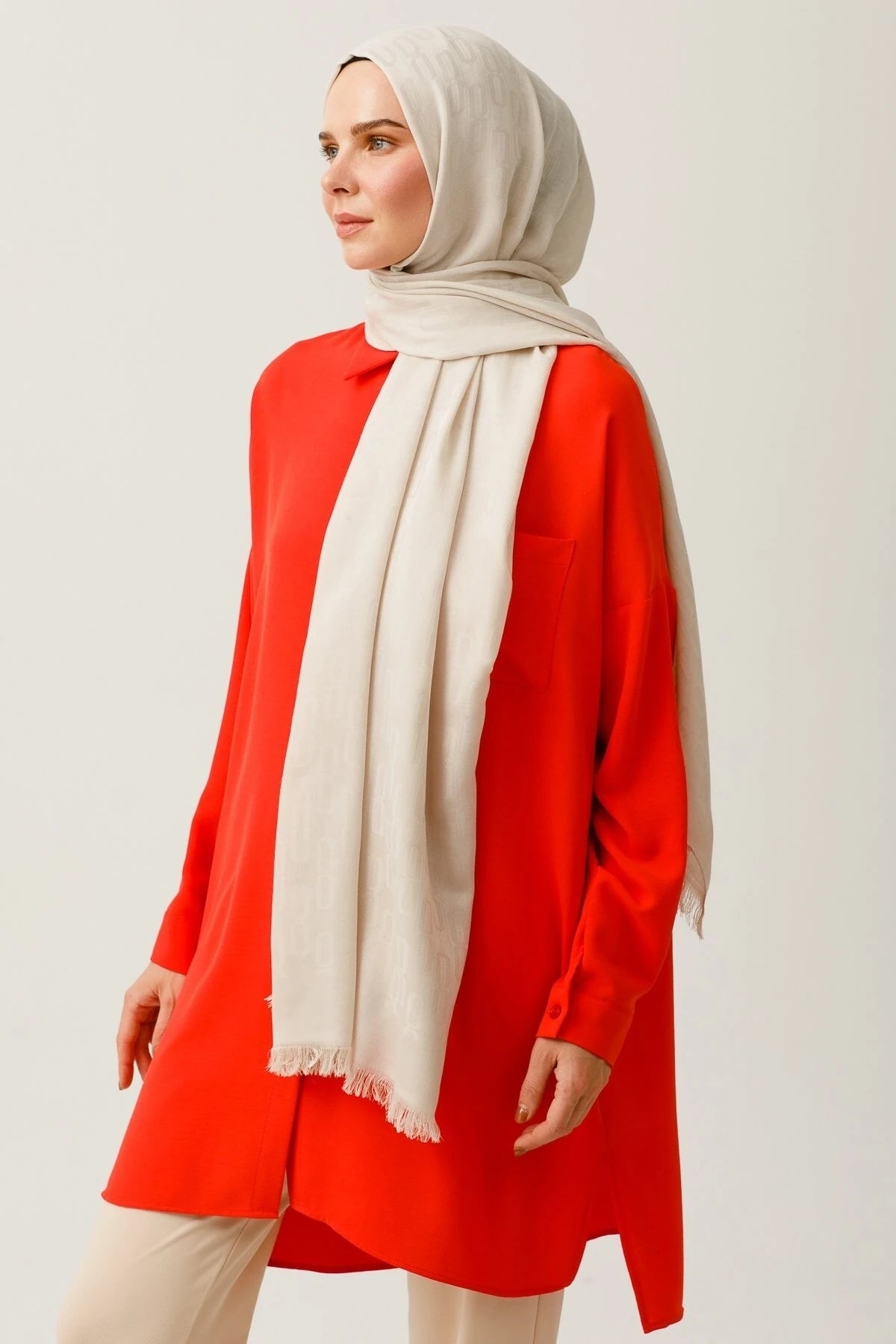 Chain Pattern Cotton Jacquard Scarf - Stone Color