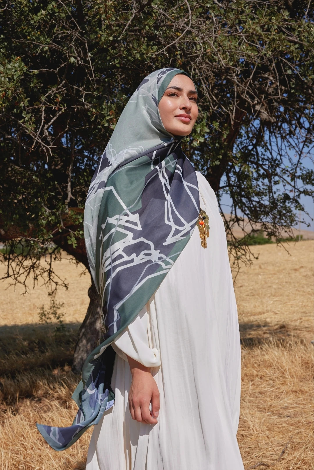 Crane Pattern Sakura Silk Scarf - Khaki