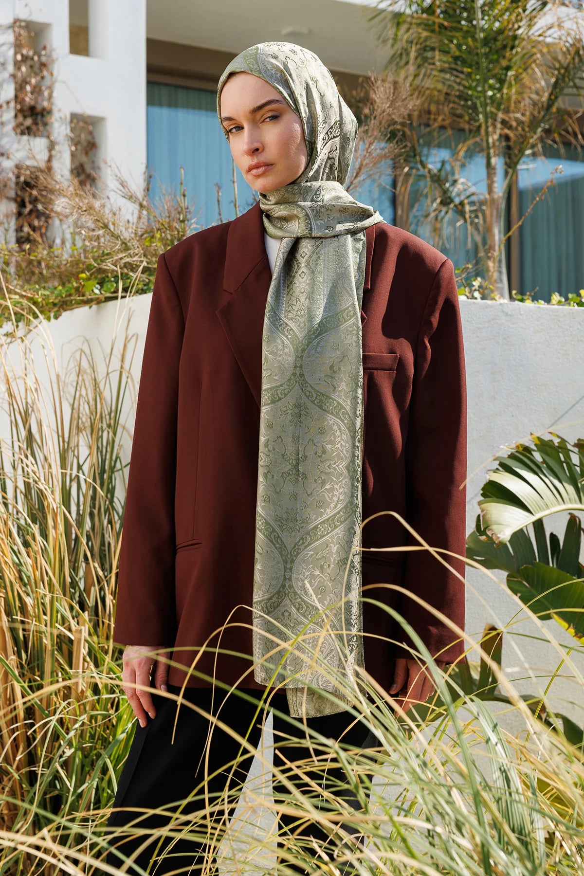 Soler Pattern Shine Line Scarf - Khaki-Salmon