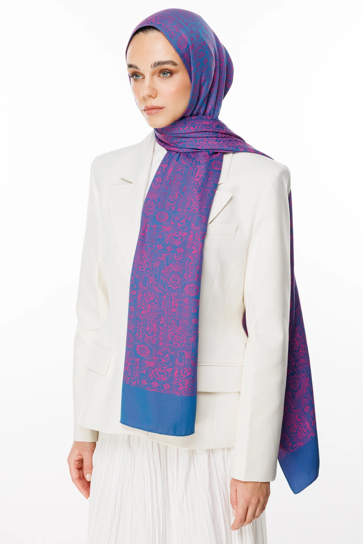 Henna Pattern Double-Sided Scarf - Petrol Blue-Fuchsia